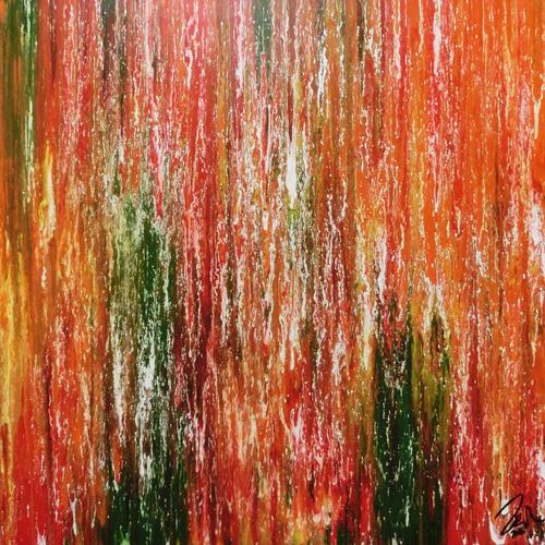 Abstraktes Acrylgemälde modern quadratisch in orange grün gelb und rot