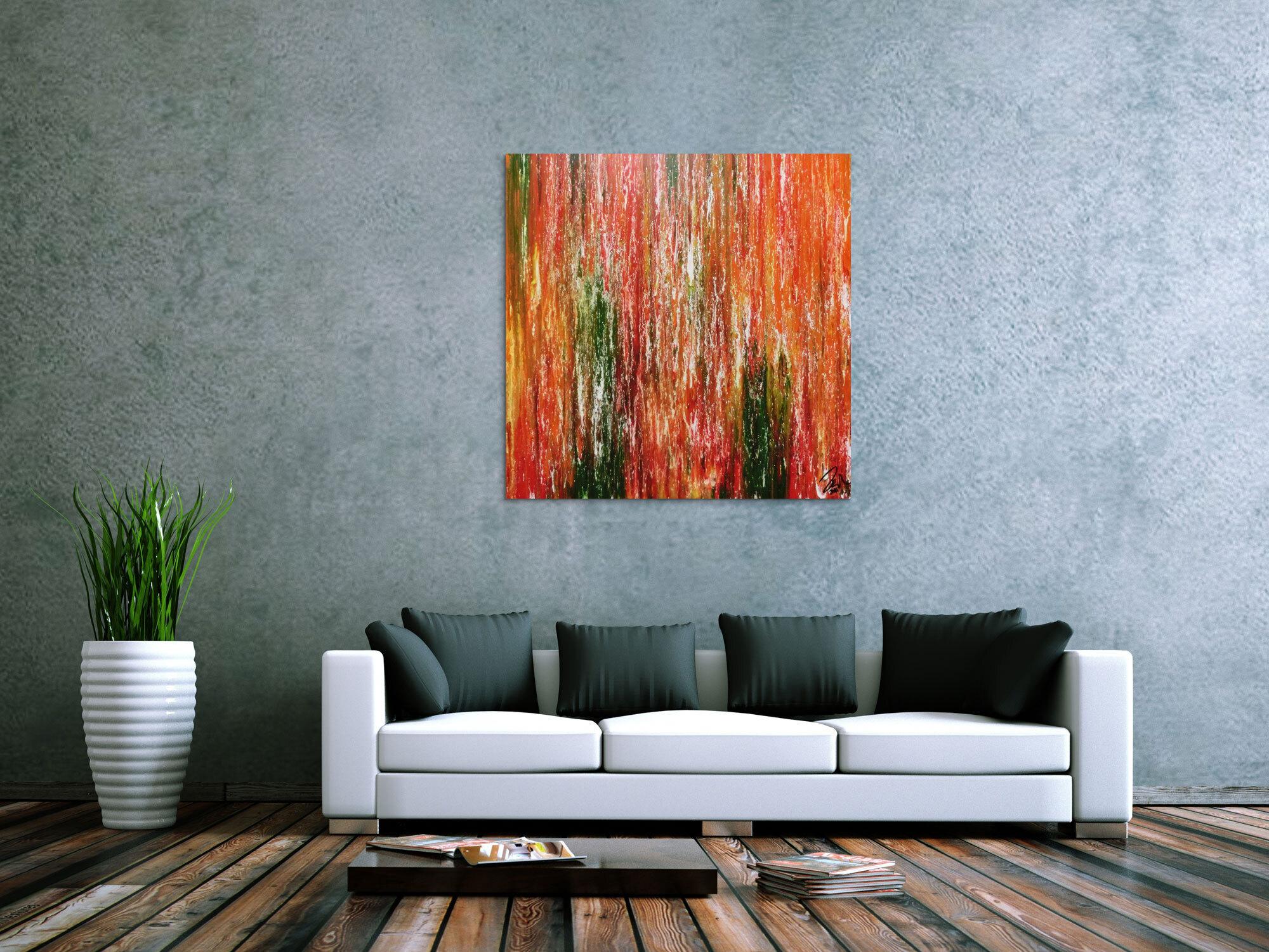 Abstraktes Acrylgemälde modern quadratisch in orange grün gelb und rot