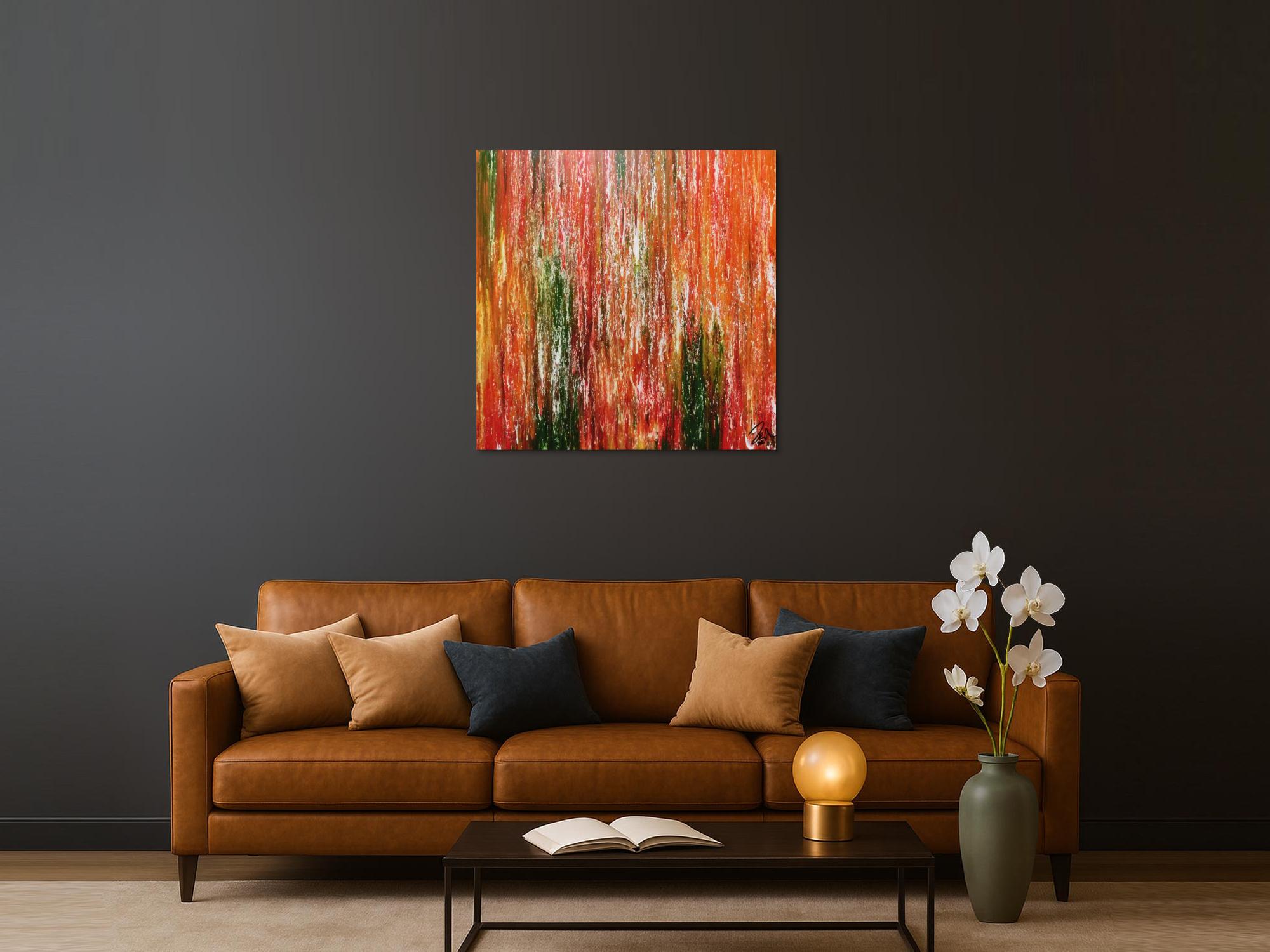 Abstraktes Acrylgemälde modern quadratisch in orange grün gelb und rot