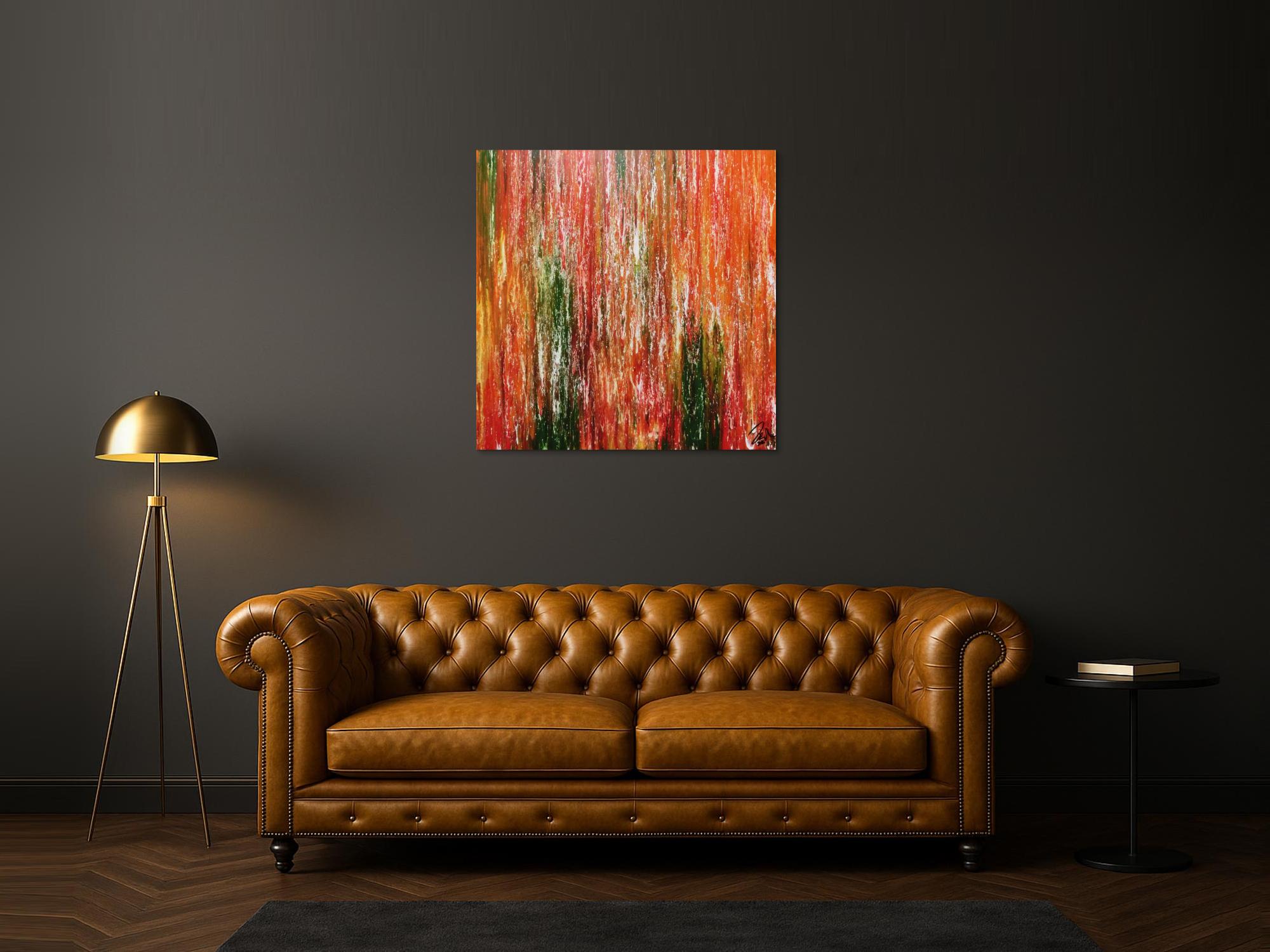 Abstraktes Acrylgemälde modern quadratisch in orange grün gelb und rot