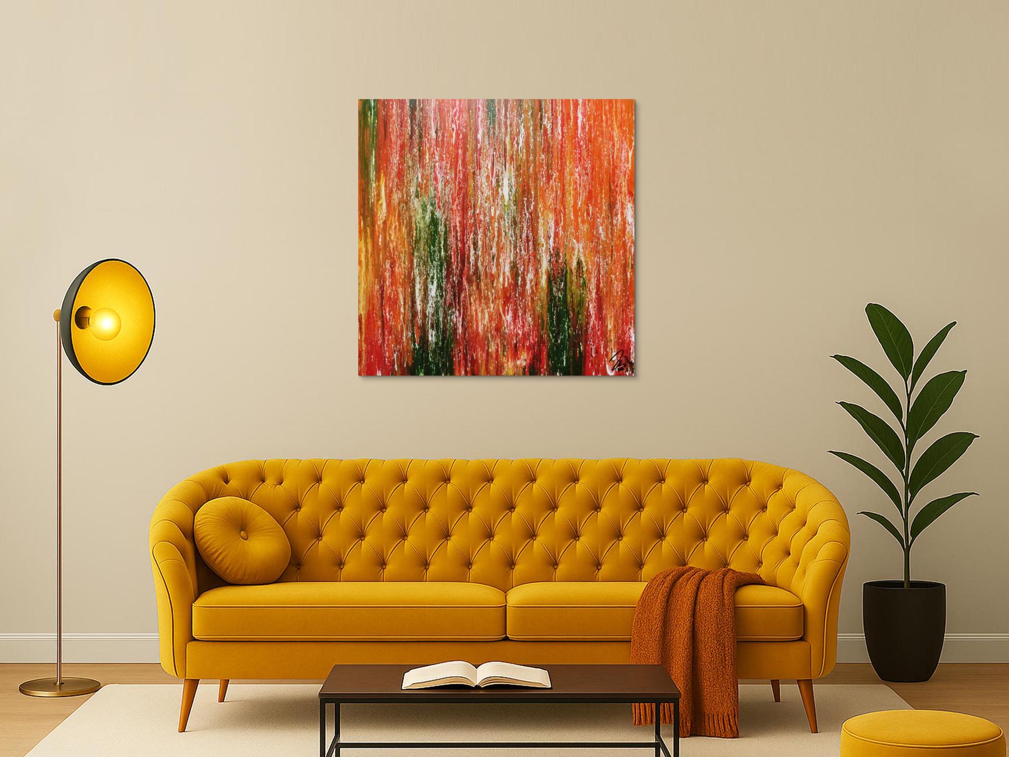 Abstraktes Acrylgemälde modern quadratisch in orange grün gelb und rot