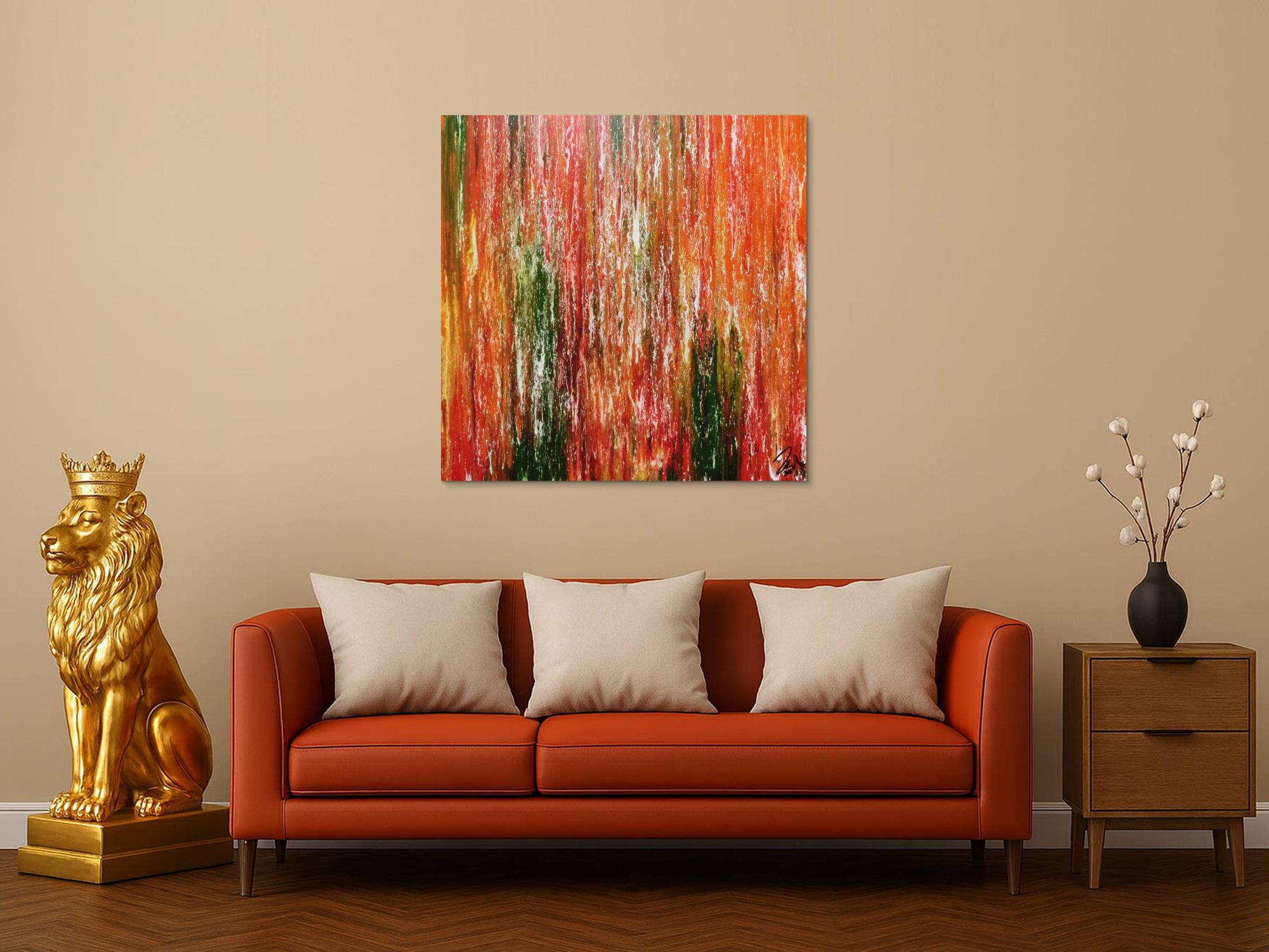 Abstraktes Acrylgemälde modern quadratisch in orange grün gelb und rot