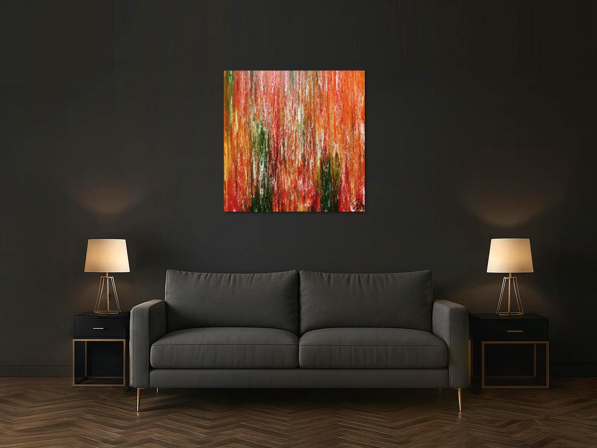 Abstraktes Acrylgemälde modern quadratisch in orange grün gelb und rot