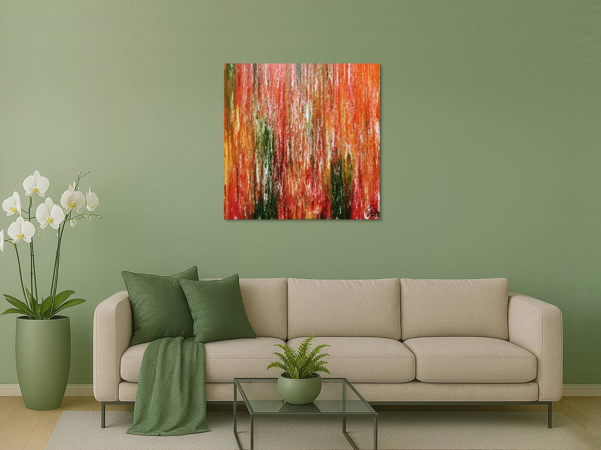 Abstraktes Acrylgemälde modern quadratisch in orange grün gelb und rot