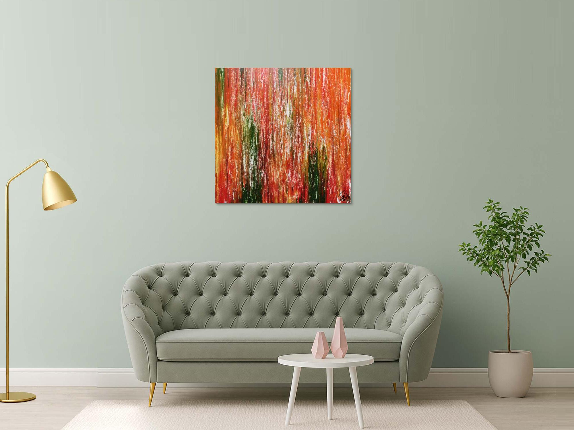 Abstraktes Acrylgemälde modern quadratisch in orange grün gelb und rot