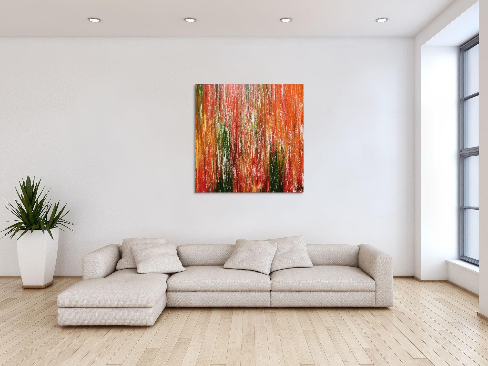 Abstraktes Acrylgemälde modern quadratisch in orange grün gelb und rot
