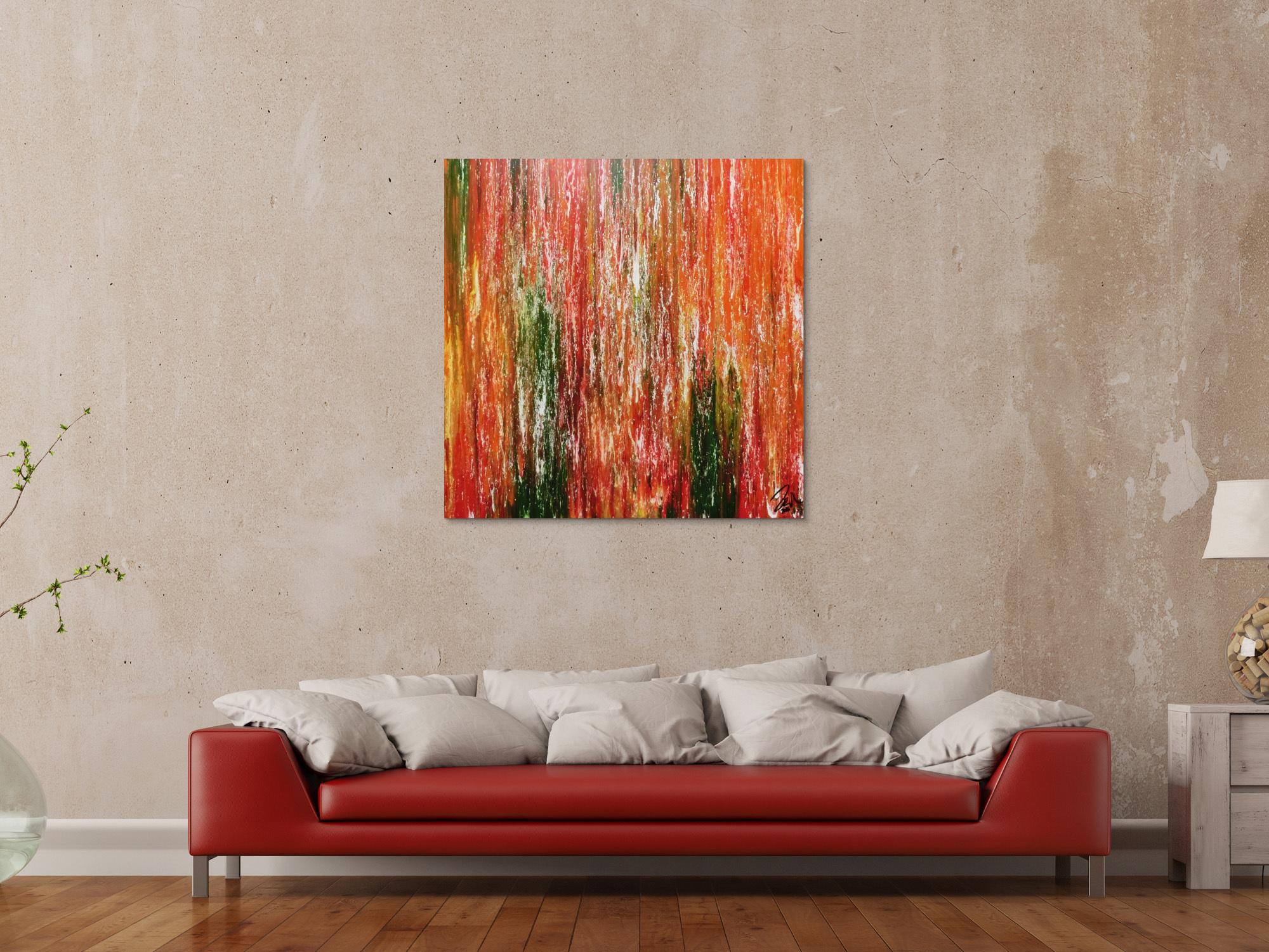 Abstraktes Acrylgemälde modern quadratisch in orange grün gelb und rot
