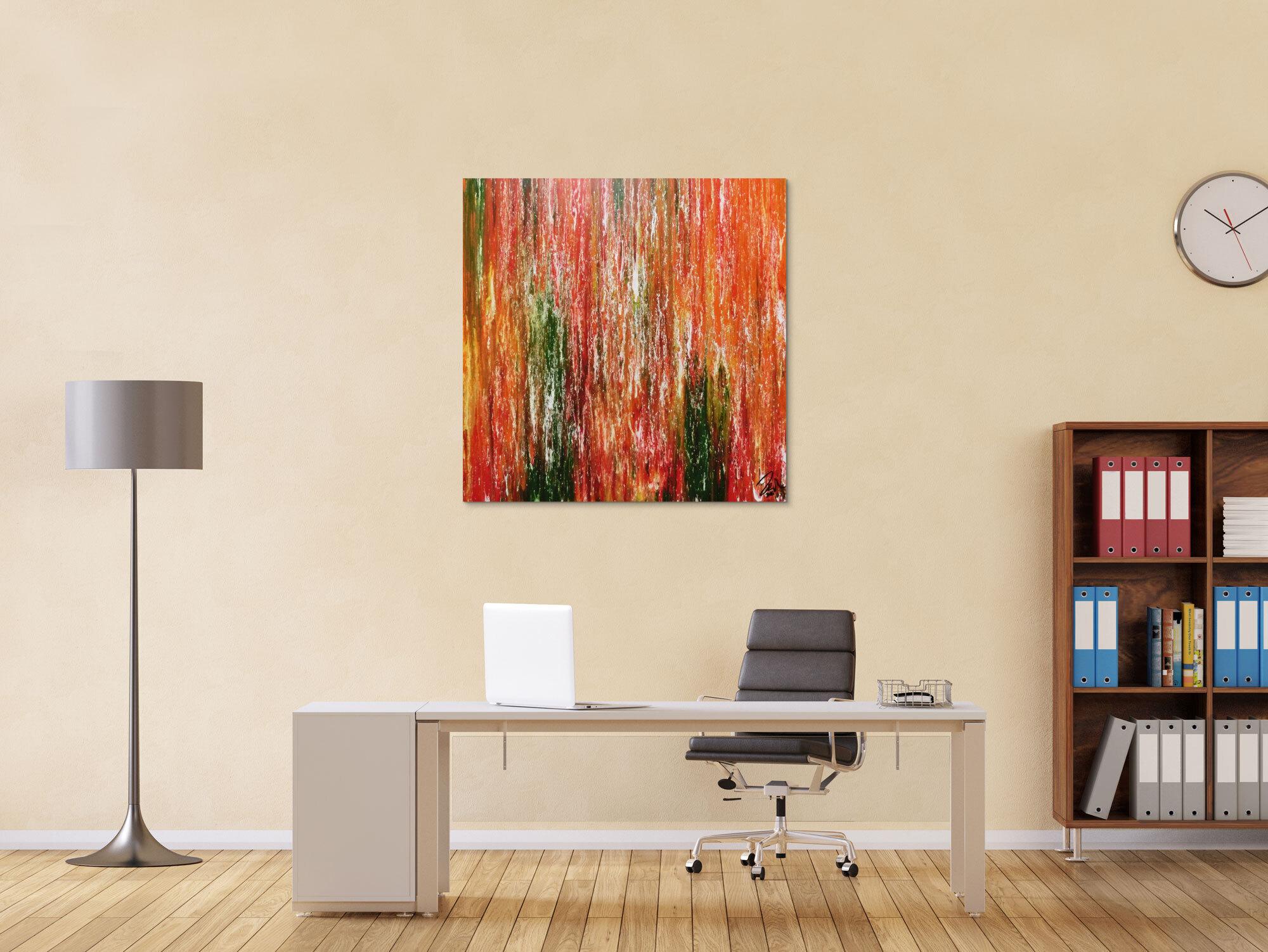 Abstraktes Acrylgemälde modern quadratisch in orange grün gelb und rot