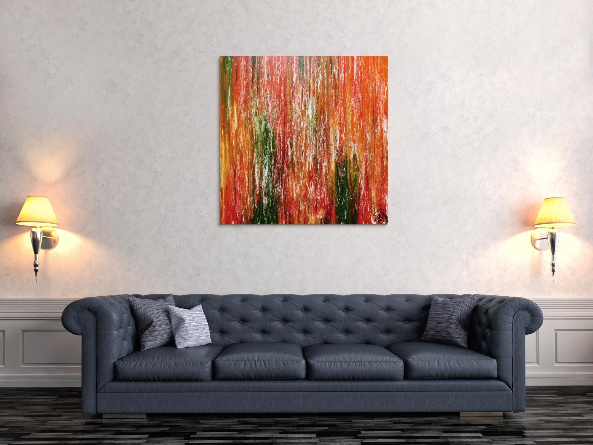 Abstraktes Acrylgemälde modern quadratisch in orange grün gelb und rot