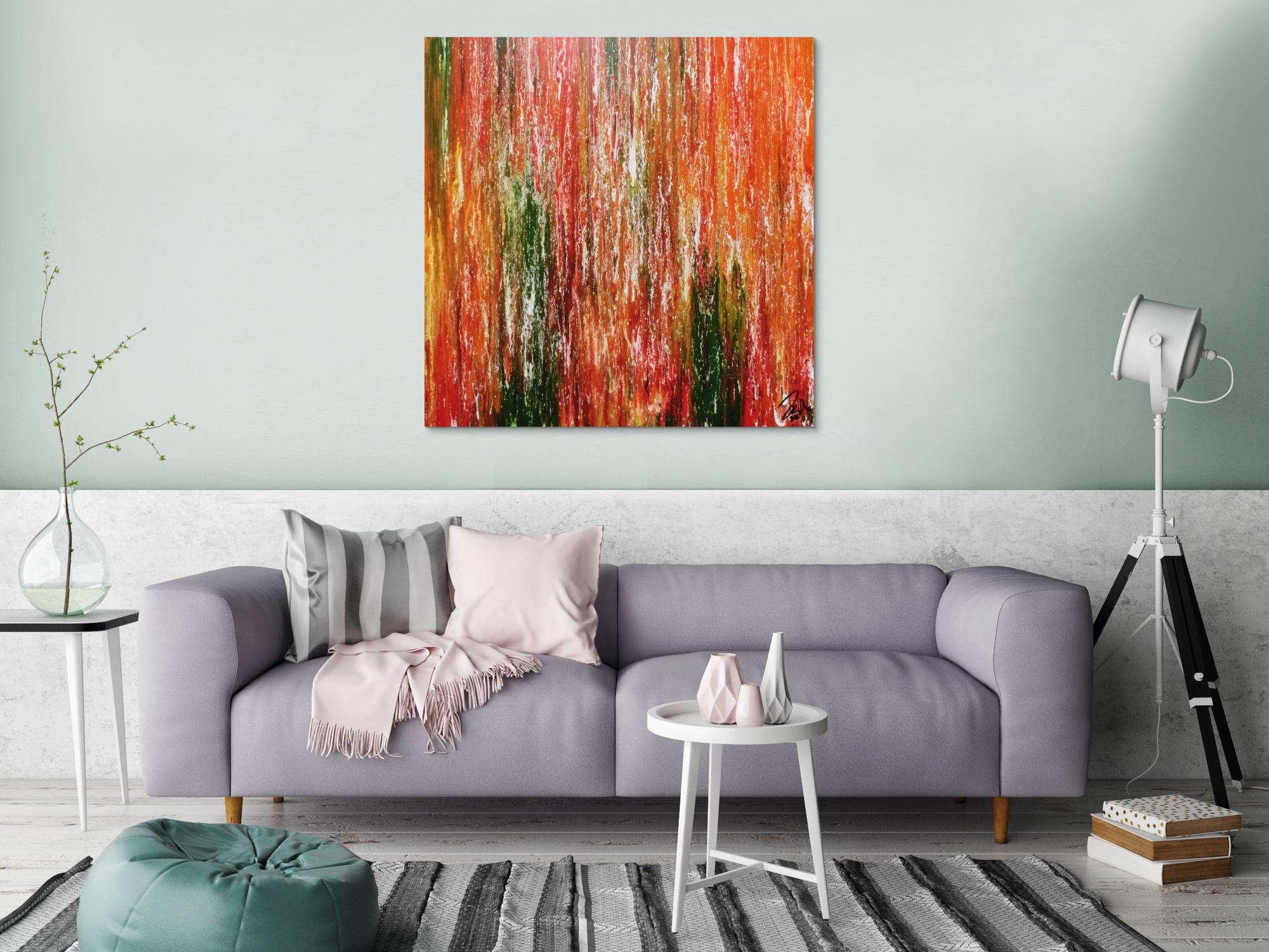 Abstraktes Acrylgemälde modern quadratisch in orange grün gelb und rot