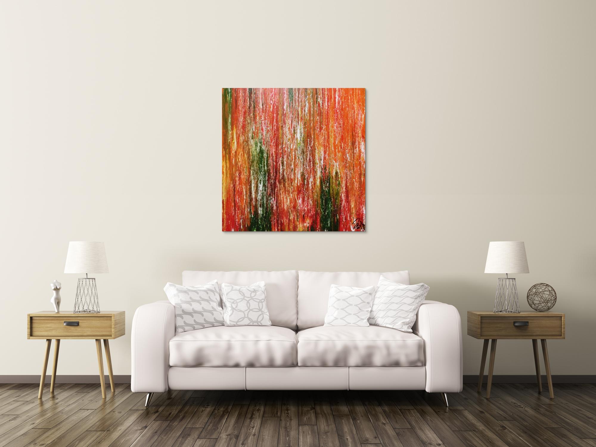 Abstraktes Acrylgemälde modern quadratisch in orange grün gelb und rot