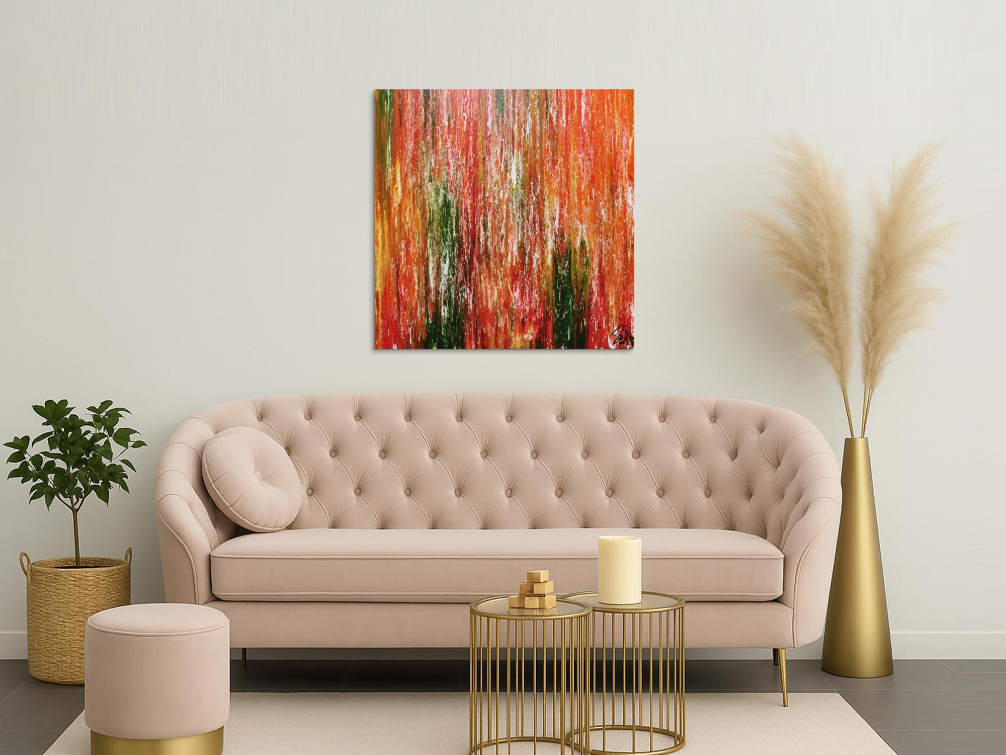 Abstraktes Acrylgemälde modern quadratisch in orange grün gelb und rot