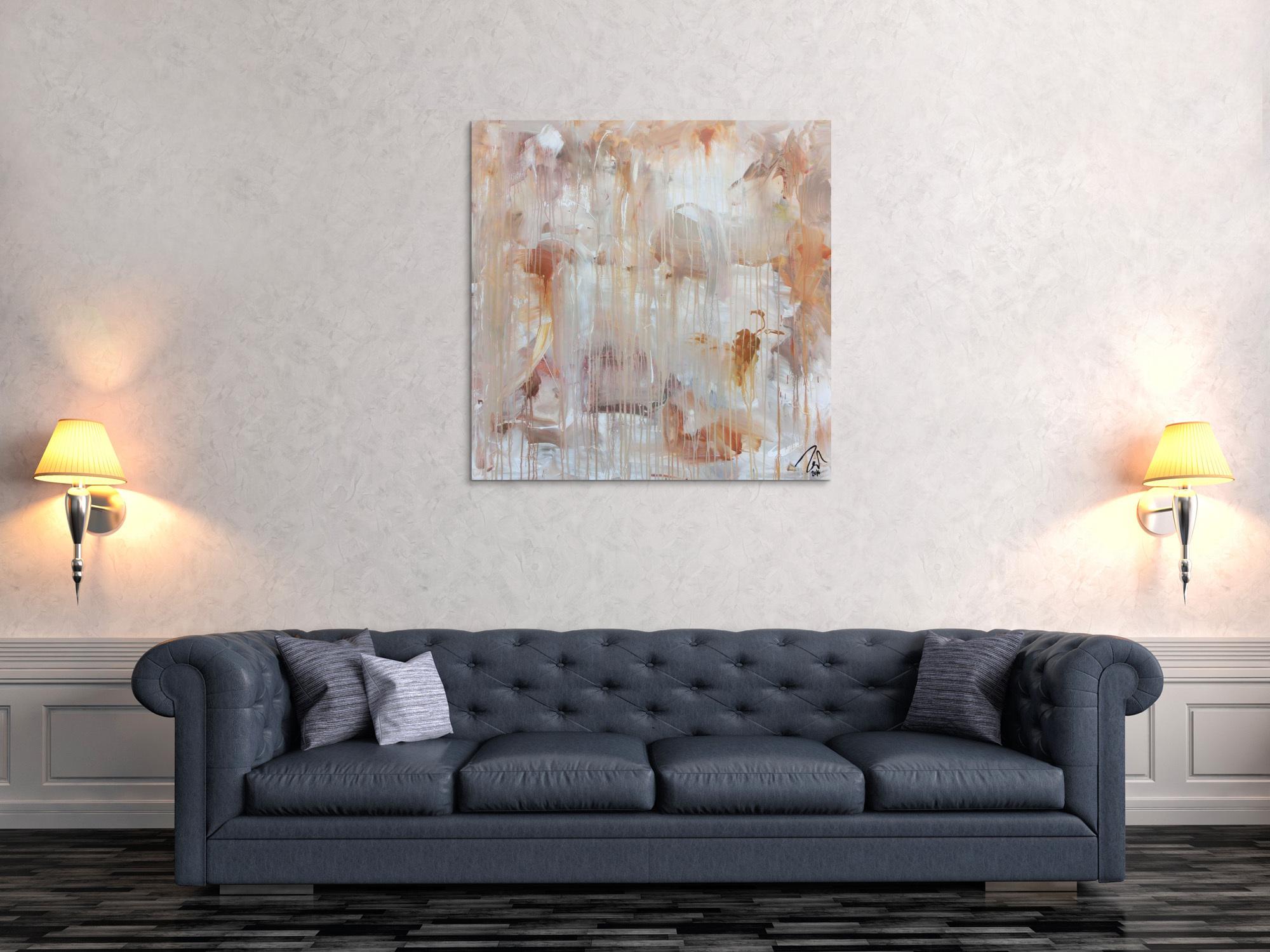 Abstraktes Gemälde helle Farben mediteran in baige braun und weiß