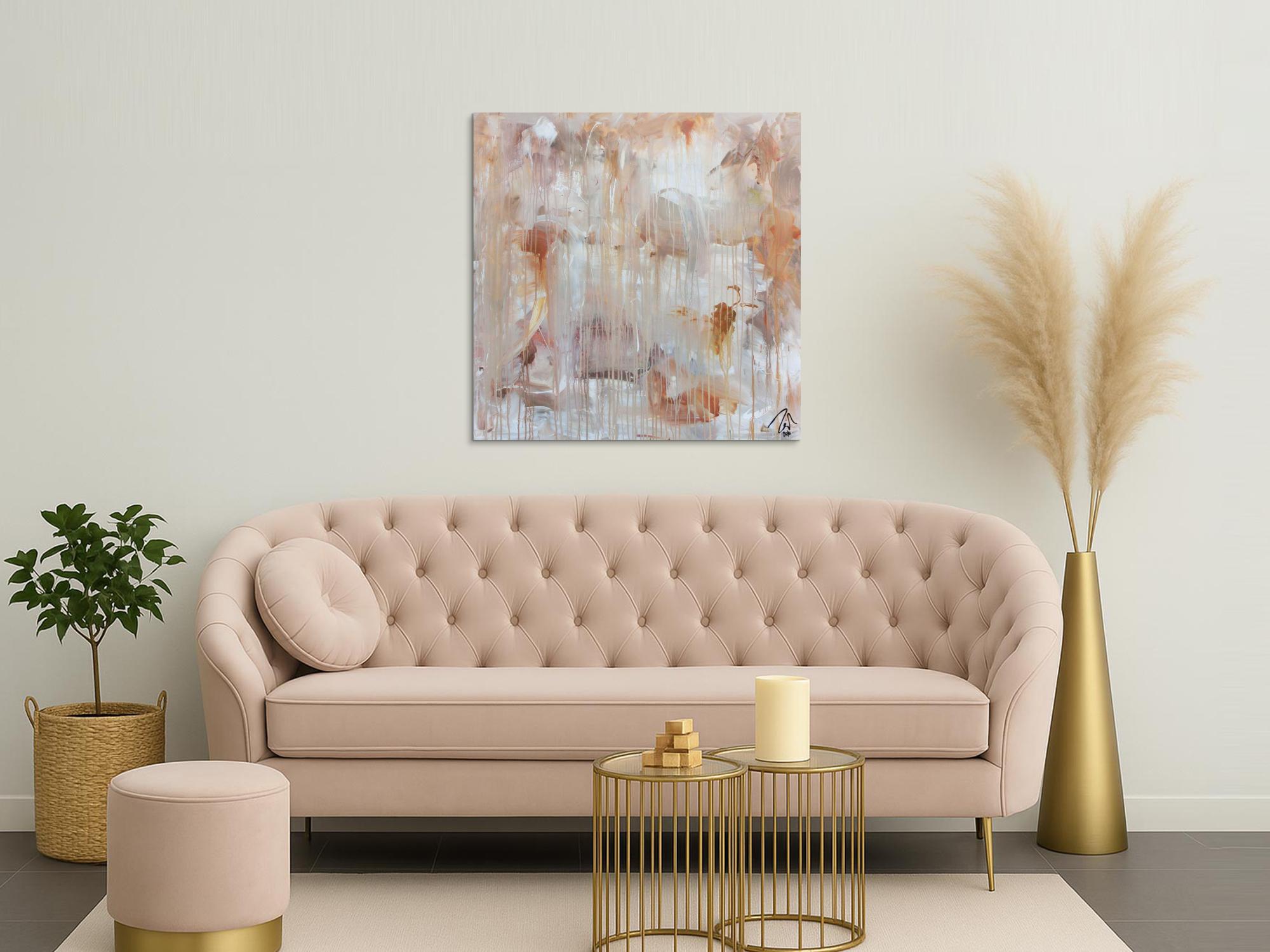 Abstraktes Gemälde helle Farben mediteran in baige braun und weiß