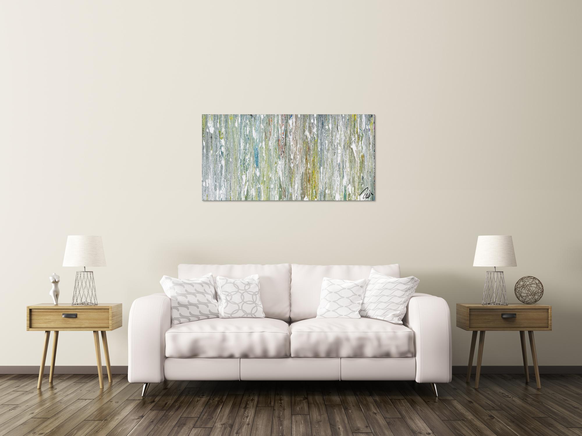 Original Gemälde abstrakt 60x120cm Fluid Painting Moderne Kunst handgemalt  weiß hellblau anthrazit hochwertig