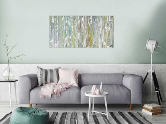 Original Gemälde abstrakt 60x120cm Fluid Painting Moderne Kunst handgemalt  weiß hellblau anthrazit hochwertig