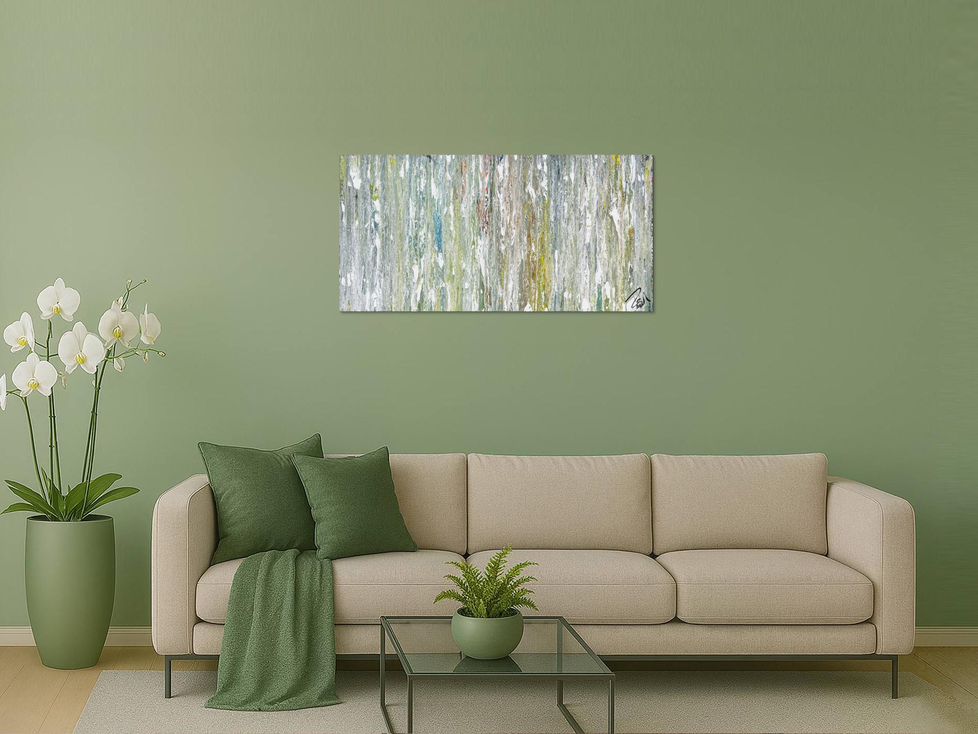 Original Gemälde abstrakt 60x120cm Fluid Painting Moderne Kunst handgemalt  weiß hellblau anthrazit hochwertig