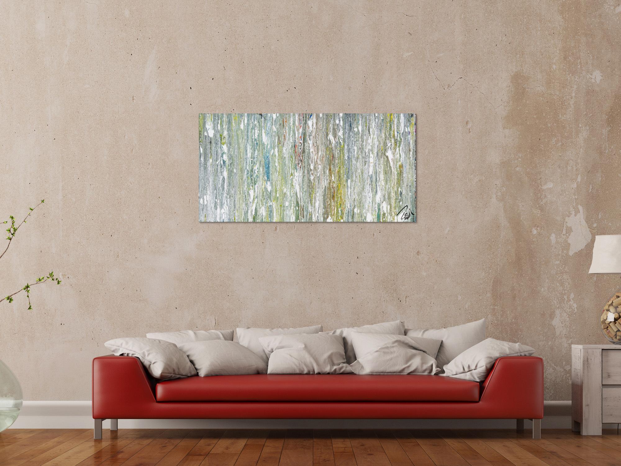 Original Gemälde abstrakt 60x120cm Fluid Painting Moderne Kunst handgemalt  weiß hellblau anthrazit hochwertig