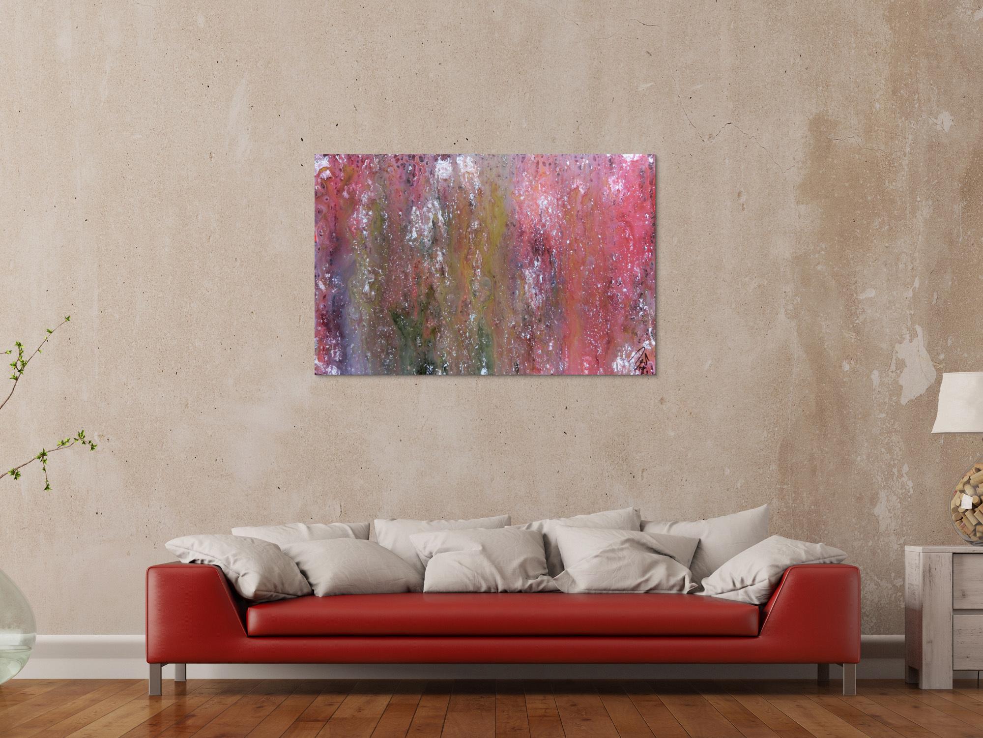 Abstraktes Acrylbild in Galaxie Farben modern in lila rosa und weiß