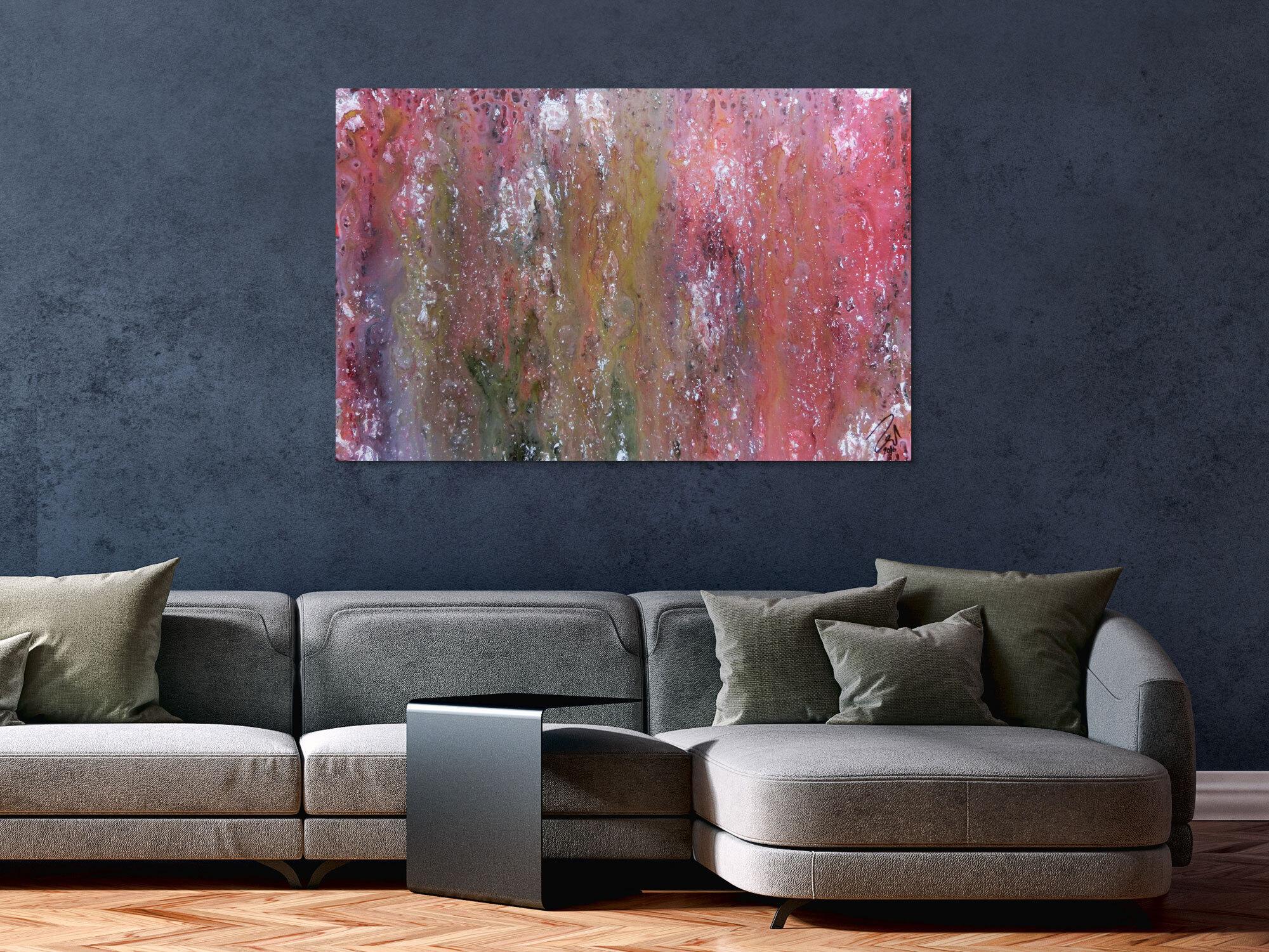 Abstraktes Acrylbild in Galaxie Farben modern in lila rosa und weiß