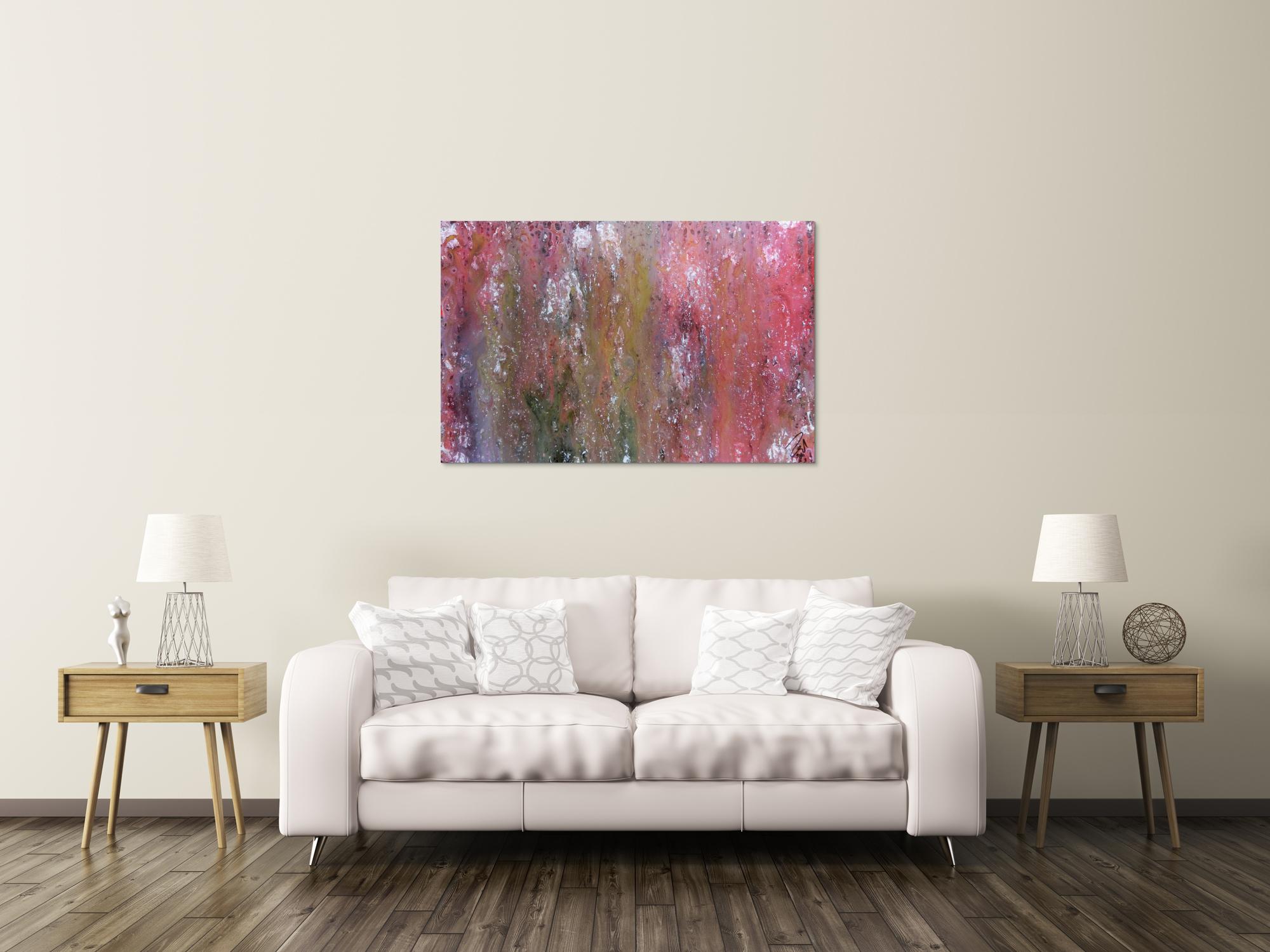 Abstraktes Acrylbild in Galaxie Farben modern in lila rosa und weiß
