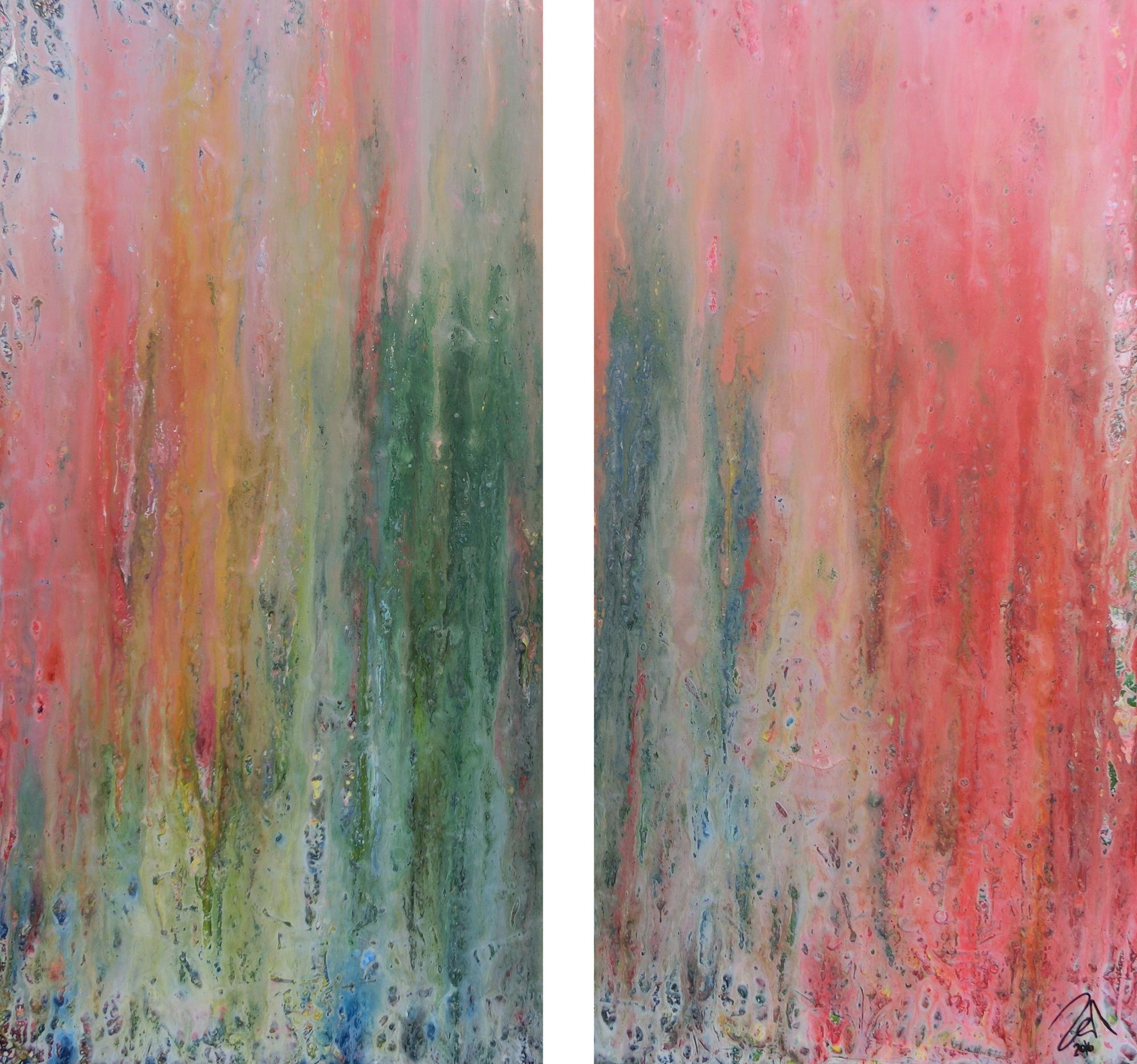 Abstraktes Acrylbid aus zwei Teilen modern schlicht helle Farben grün rot