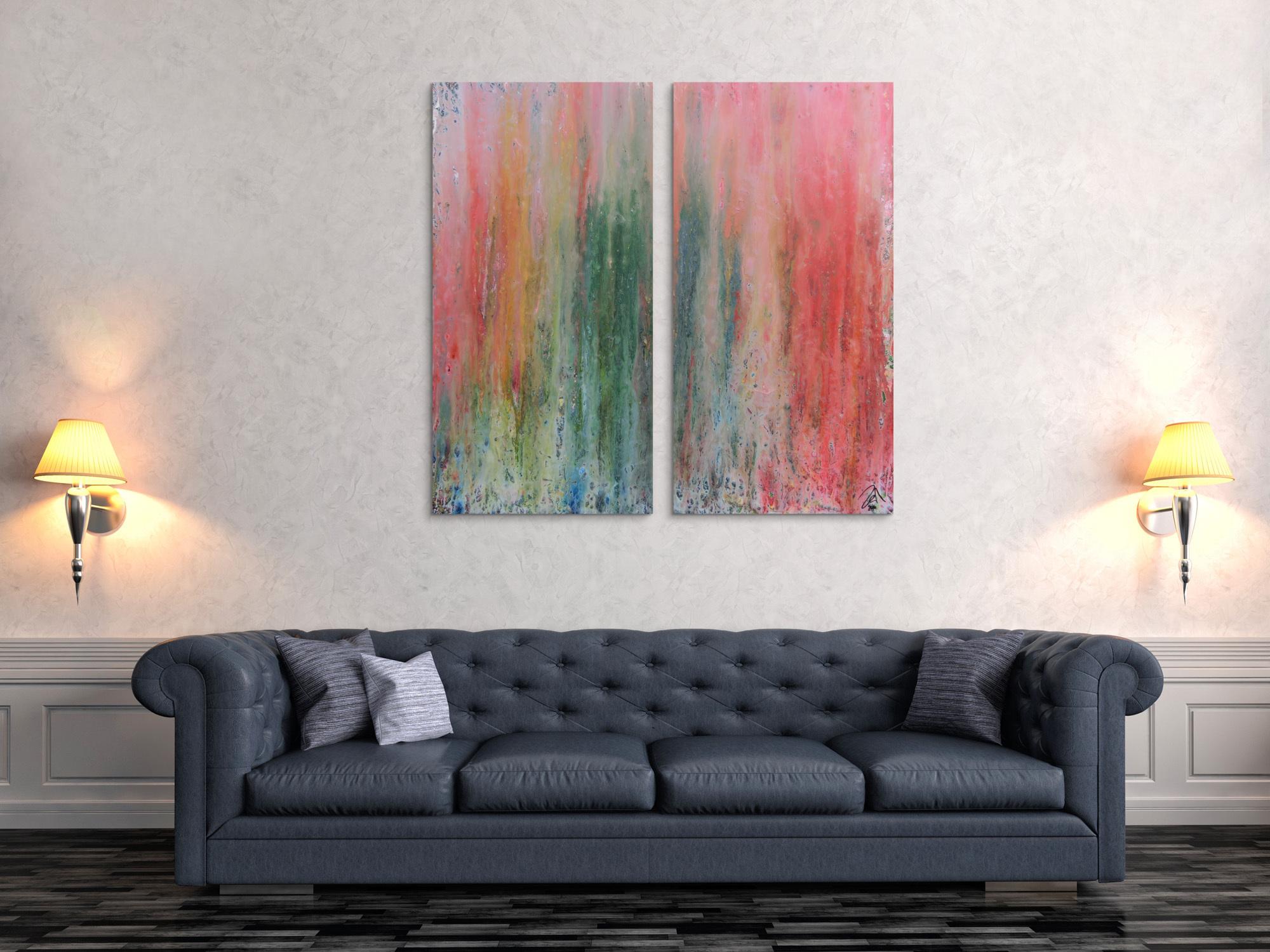 Abstraktes Acrylbid aus zwei Teilen modern schlicht helle Farben grün rot