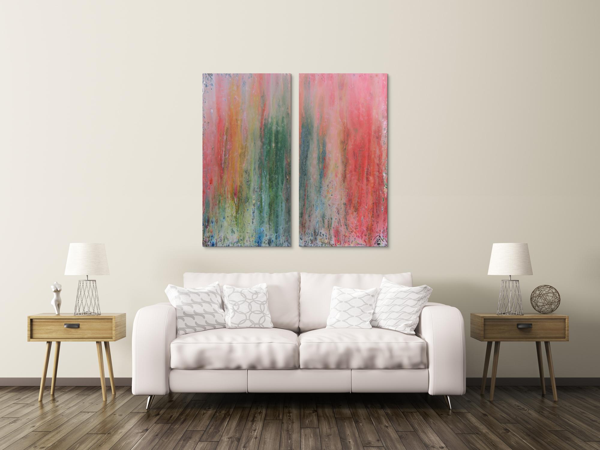 Abstraktes Acrylbid aus zwei Teilen modern schlicht helle Farben grün rot