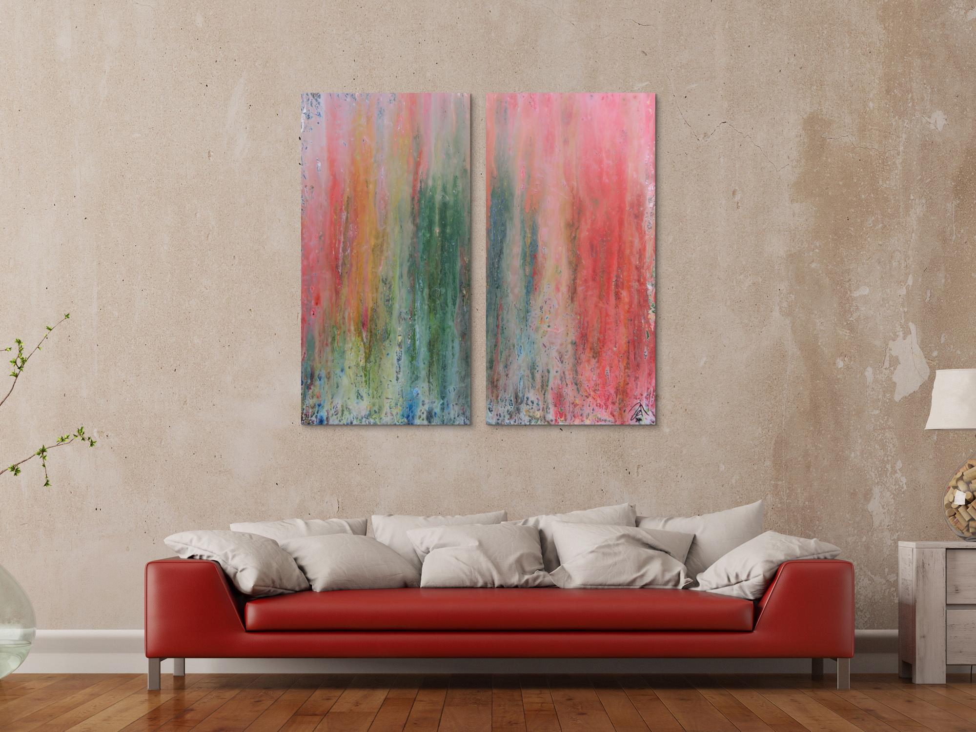 Abstraktes Acrylbid aus zwei Teilen modern schlicht helle Farben grün rot