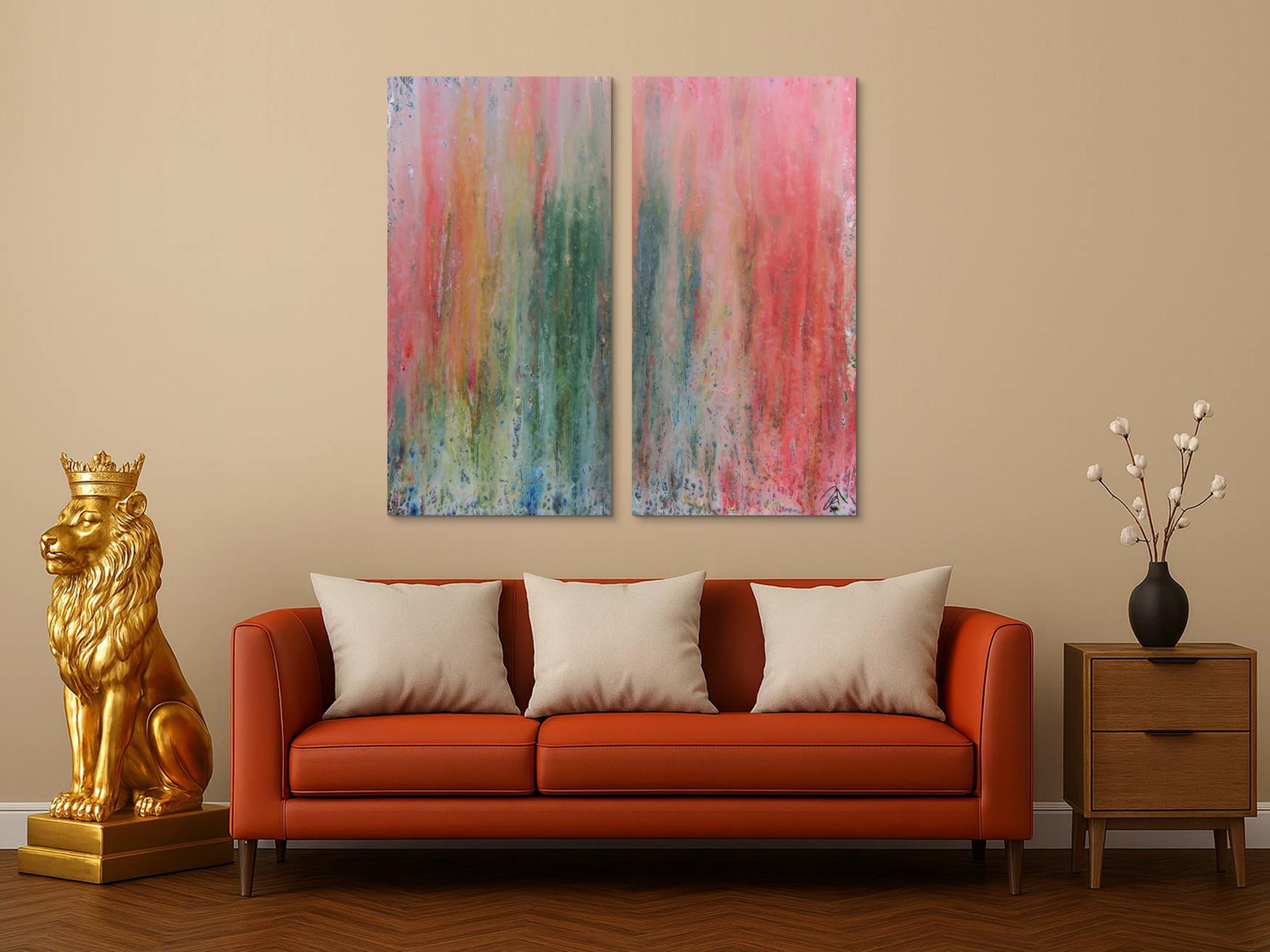 Abstraktes Acrylbid aus zwei Teilen modern schlicht helle Farben grün rot