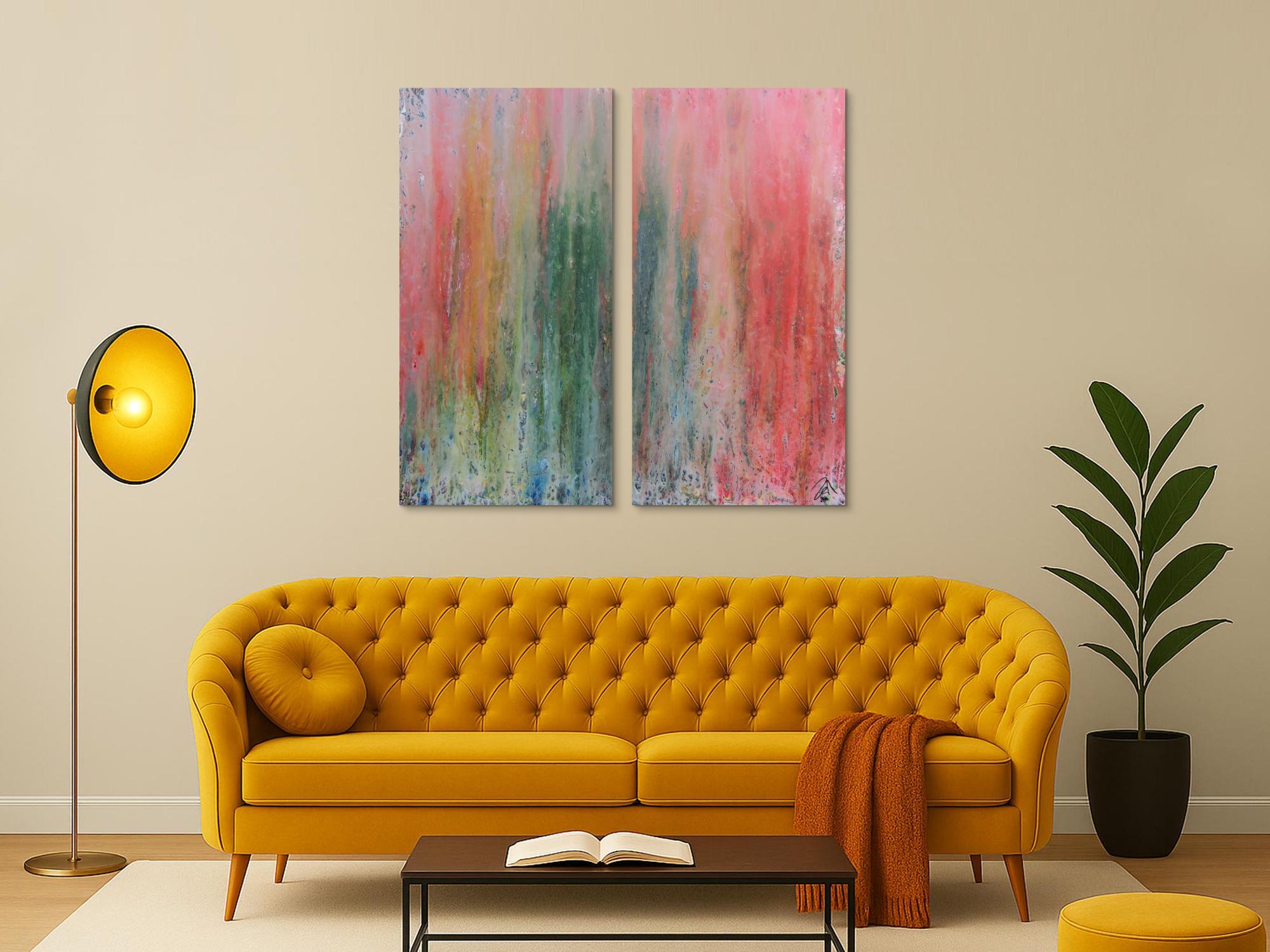 Abstraktes Acrylbid aus zwei Teilen modern schlicht helle Farben grün rot