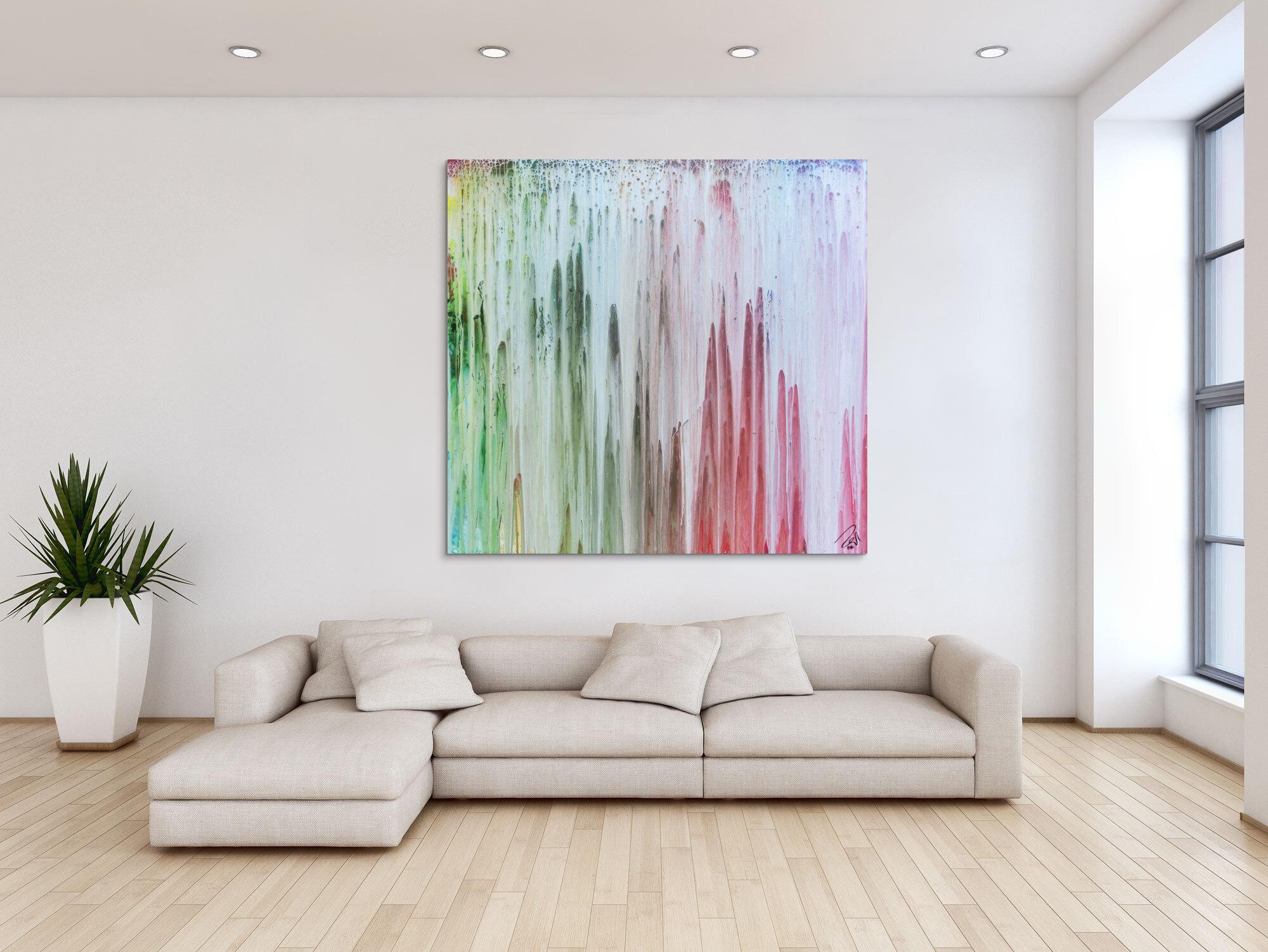 Abstraktes Gemälde helle Farben modern bunt Fließtechnik