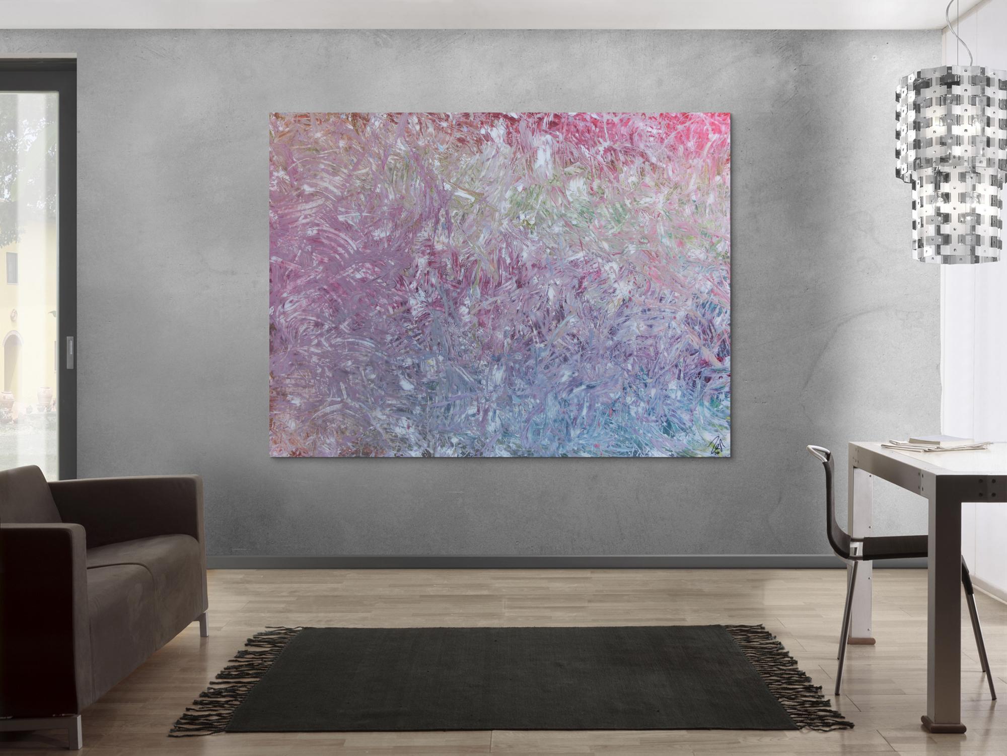 Großes abstraktes Gemälde sehr helle Farben modern viel weiß rosa türkis