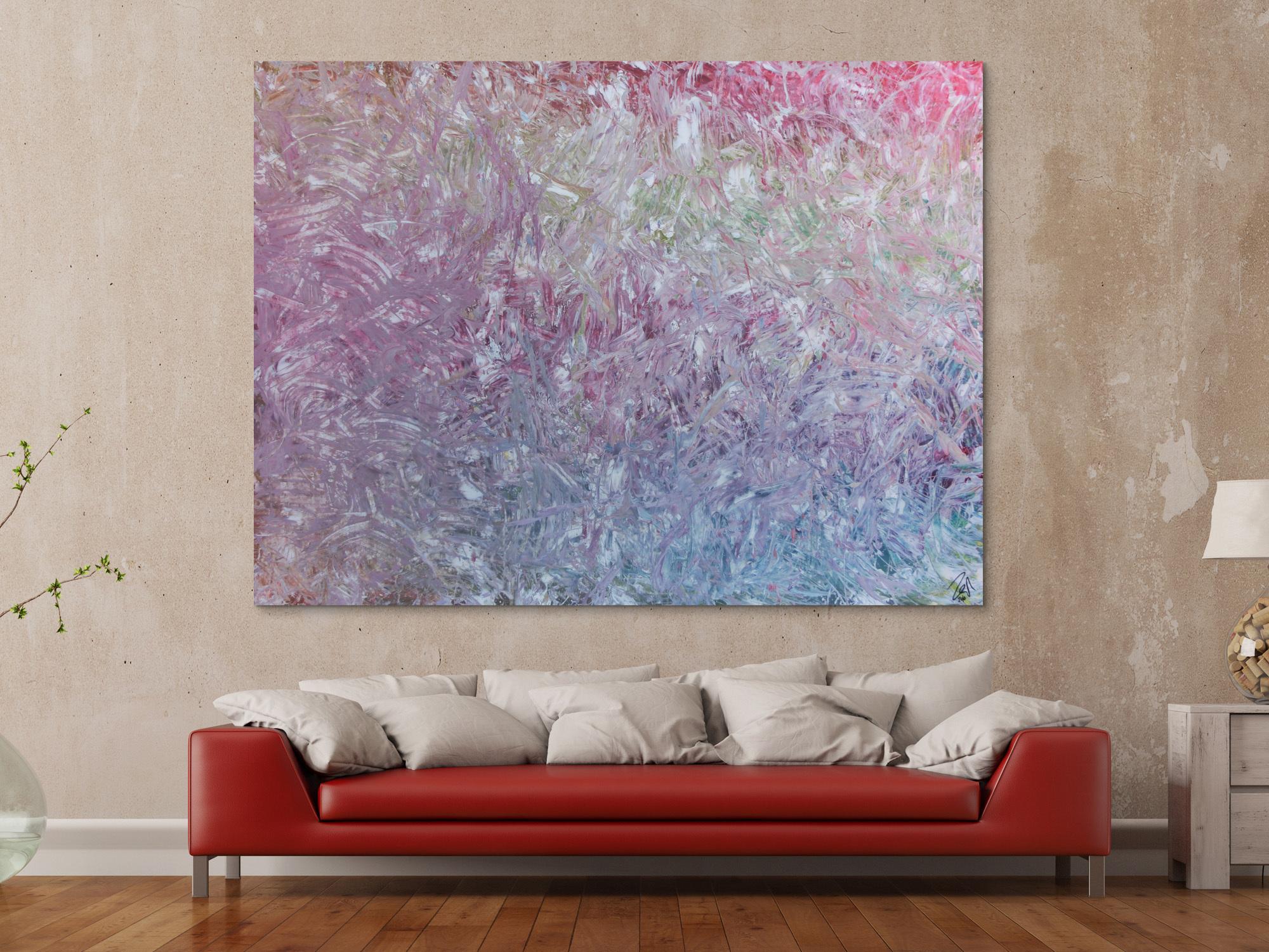 Großes abstraktes Gemälde sehr helle Farben modern viel weiß rosa türkis