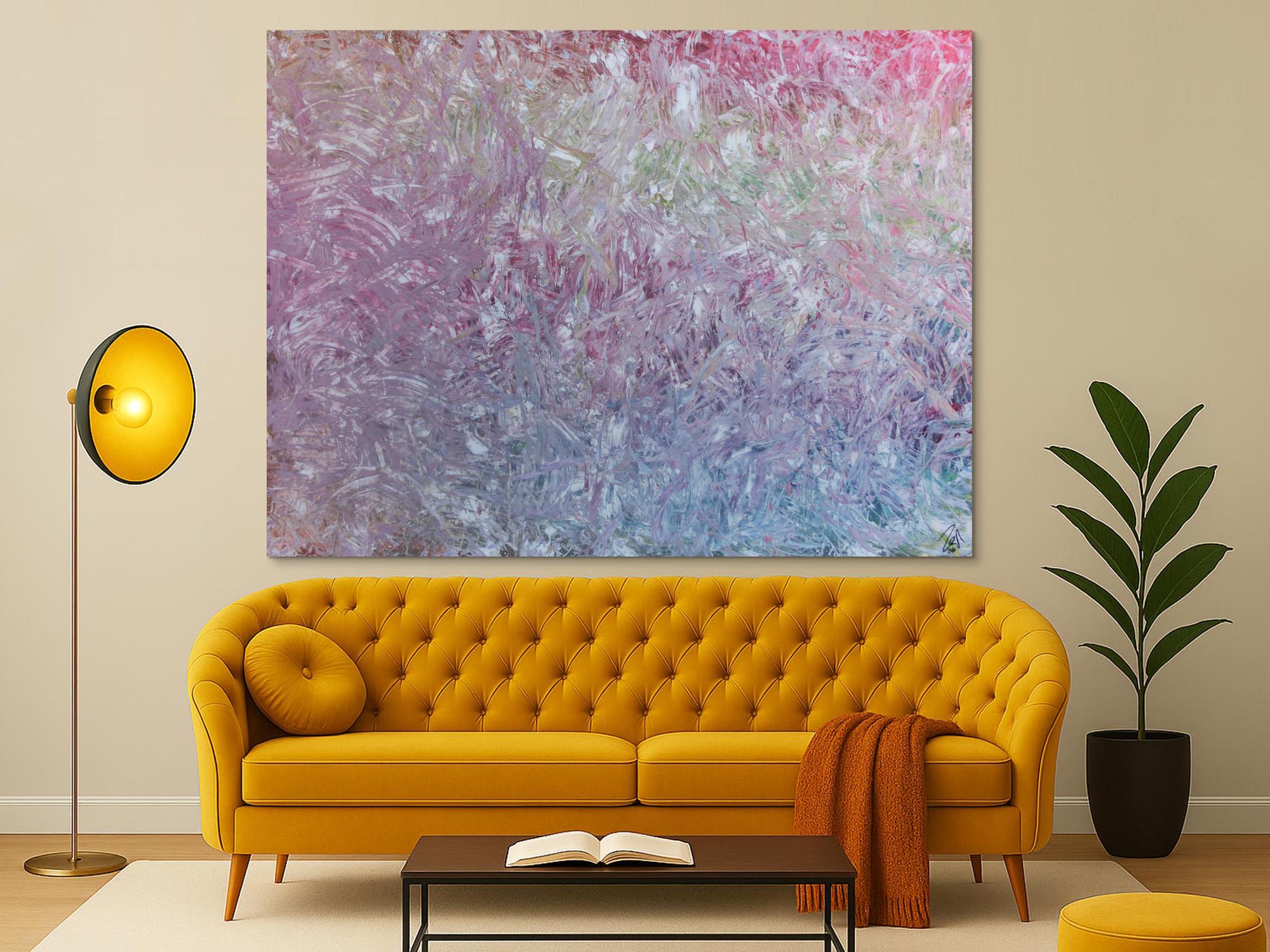 Großes abstraktes Gemälde sehr helle Farben modern viel weiß rosa türkis