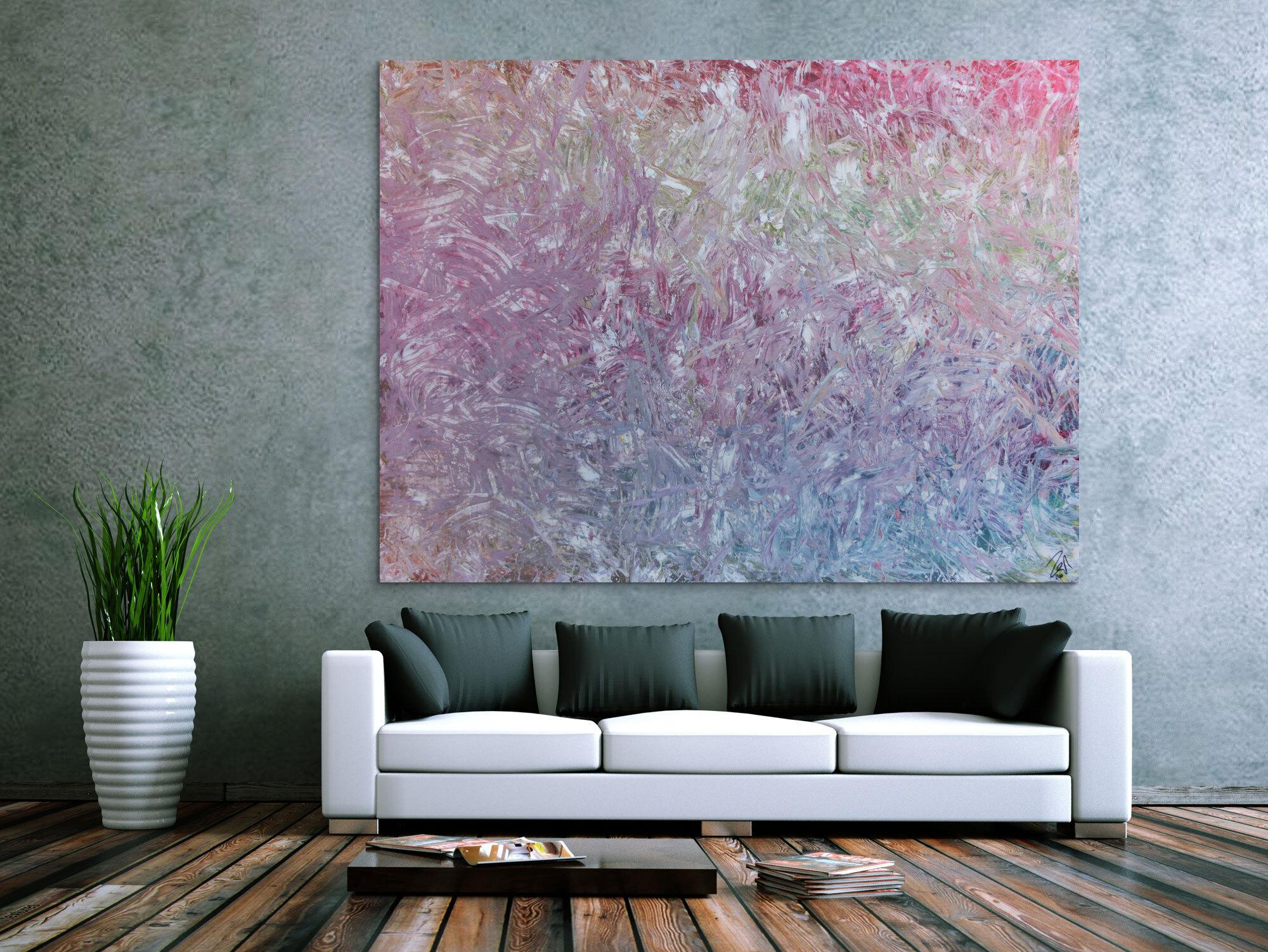 Großes abstraktes Gemälde sehr helle Farben modern viel weiß rosa türkis