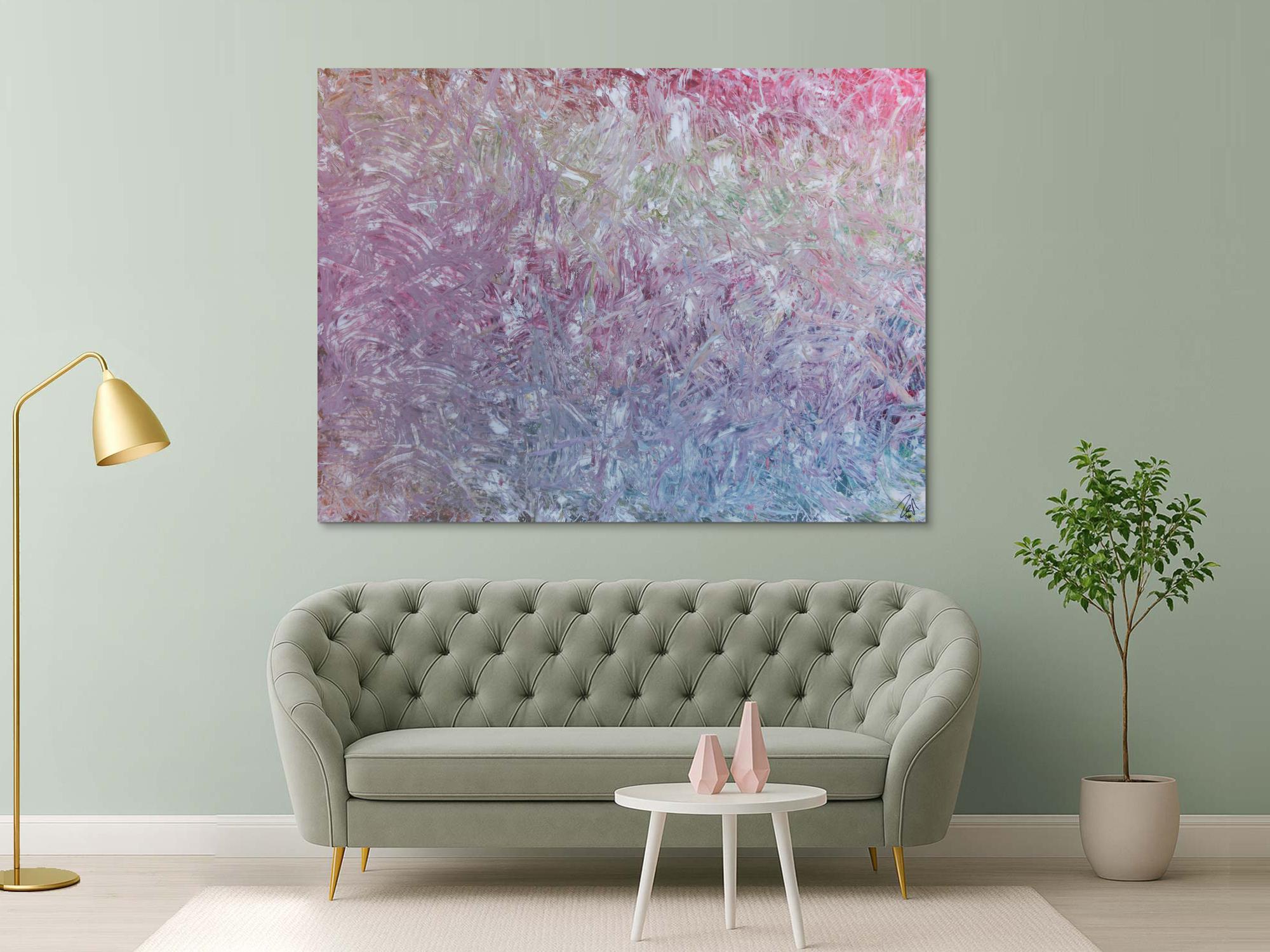 Großes abstraktes Gemälde sehr helle Farben modern viel weiß rosa türkis