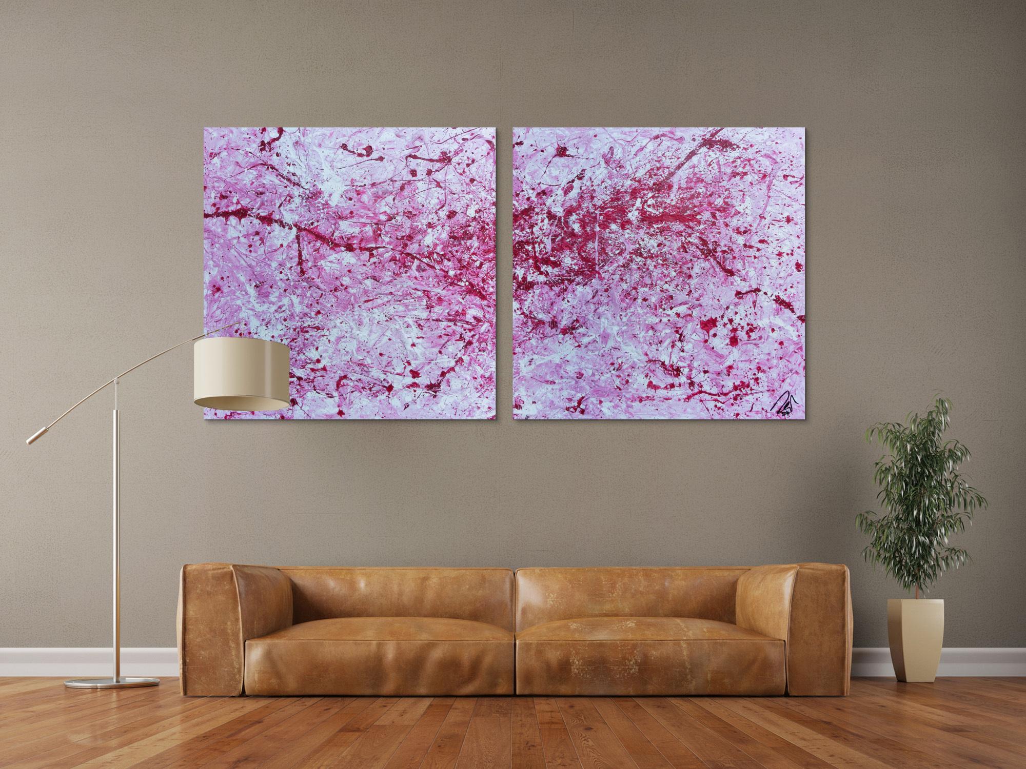 Abstraktes Acrylbild zwei teile modern pink weiß rosa schlicht
