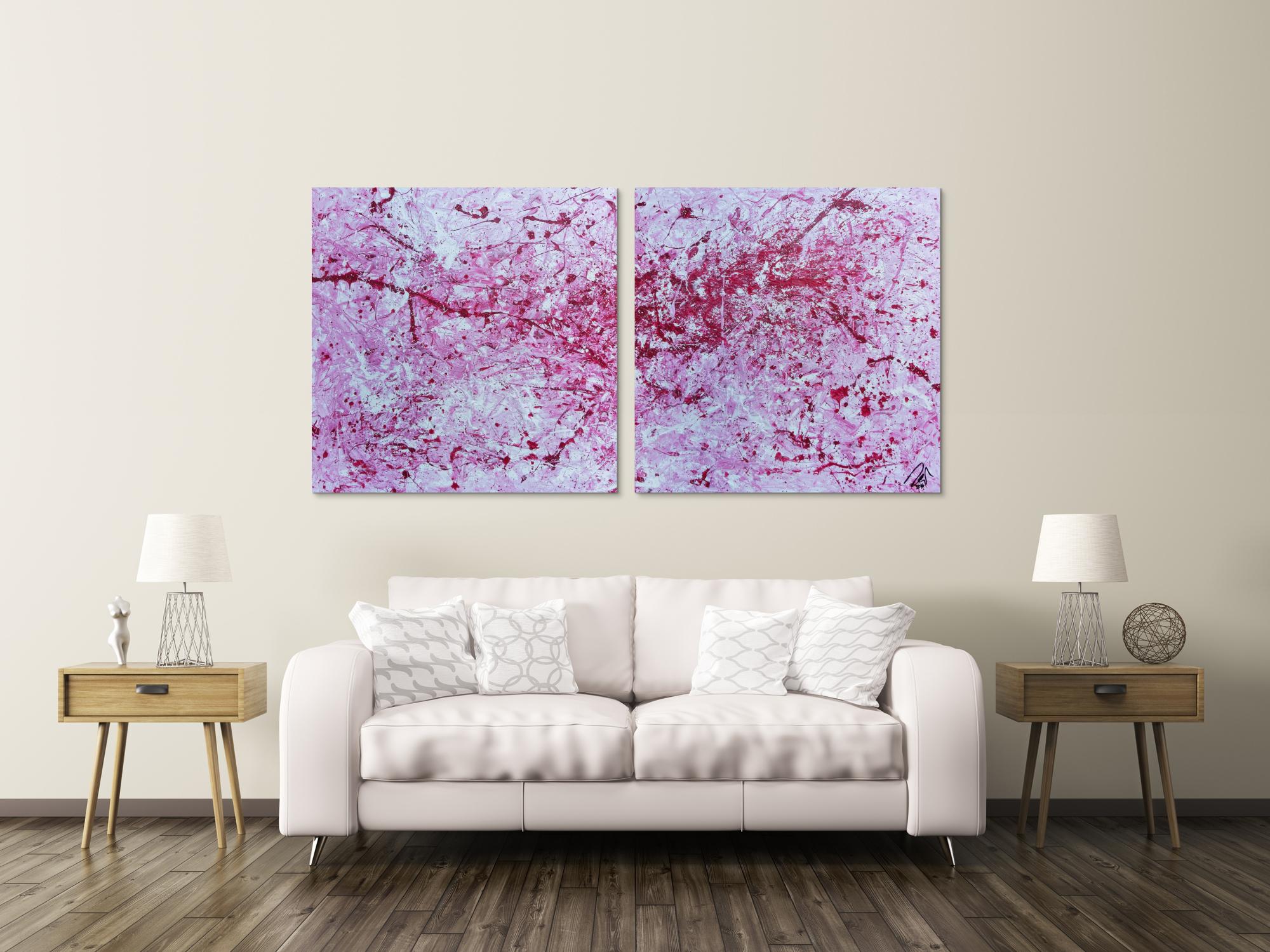 Abstraktes Acrylbild zwei teile modern pink weiß rosa schlicht