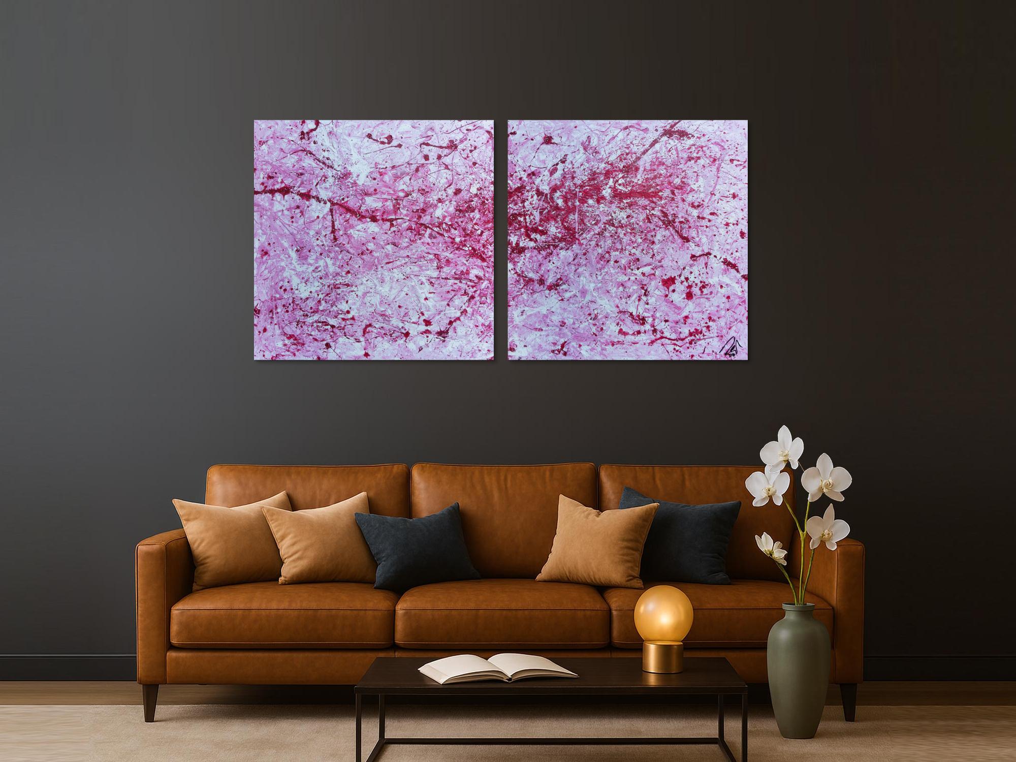 Abstraktes Acrylbild zwei teile modern pink weiß rosa schlicht