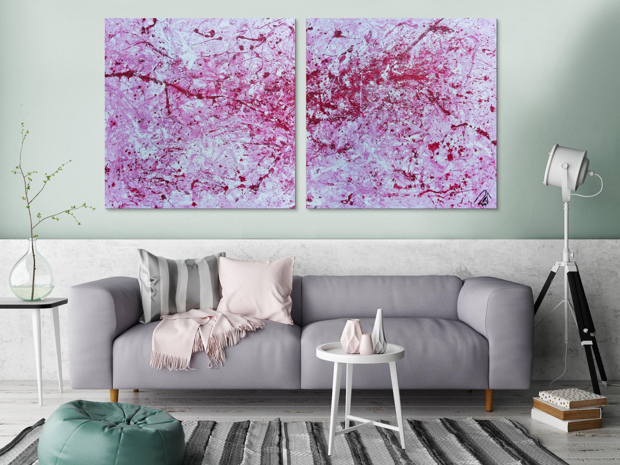 Abstraktes Acrylbild zwei teile modern pink weiß rosa schlicht