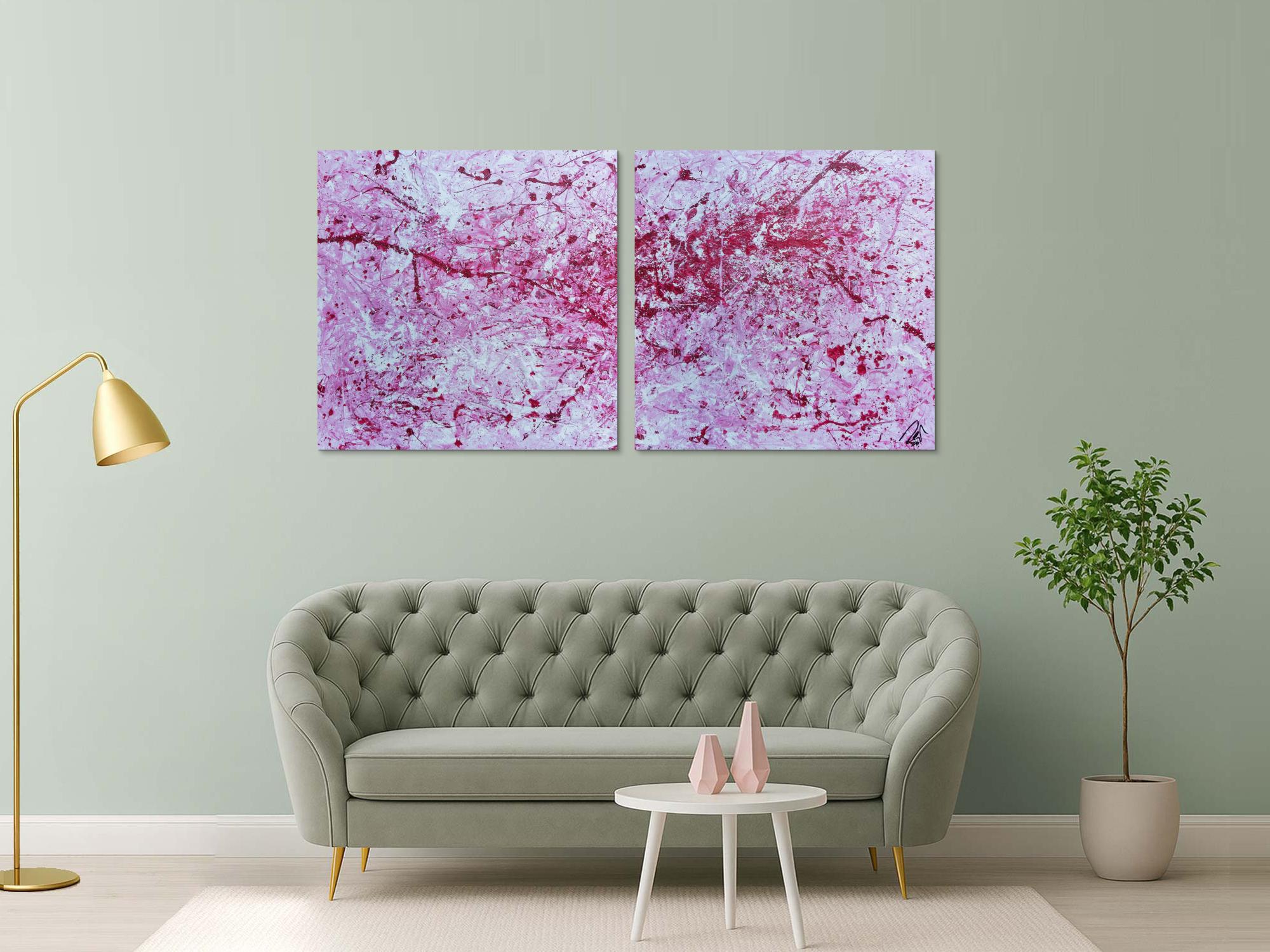 Abstraktes Acrylbild zwei teile modern pink weiß rosa schlicht