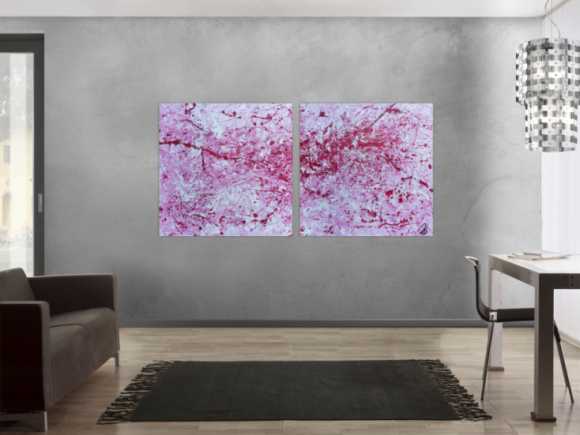 Abstraktes Acrylbild zwei teile modern pink weiß rosa schlicht