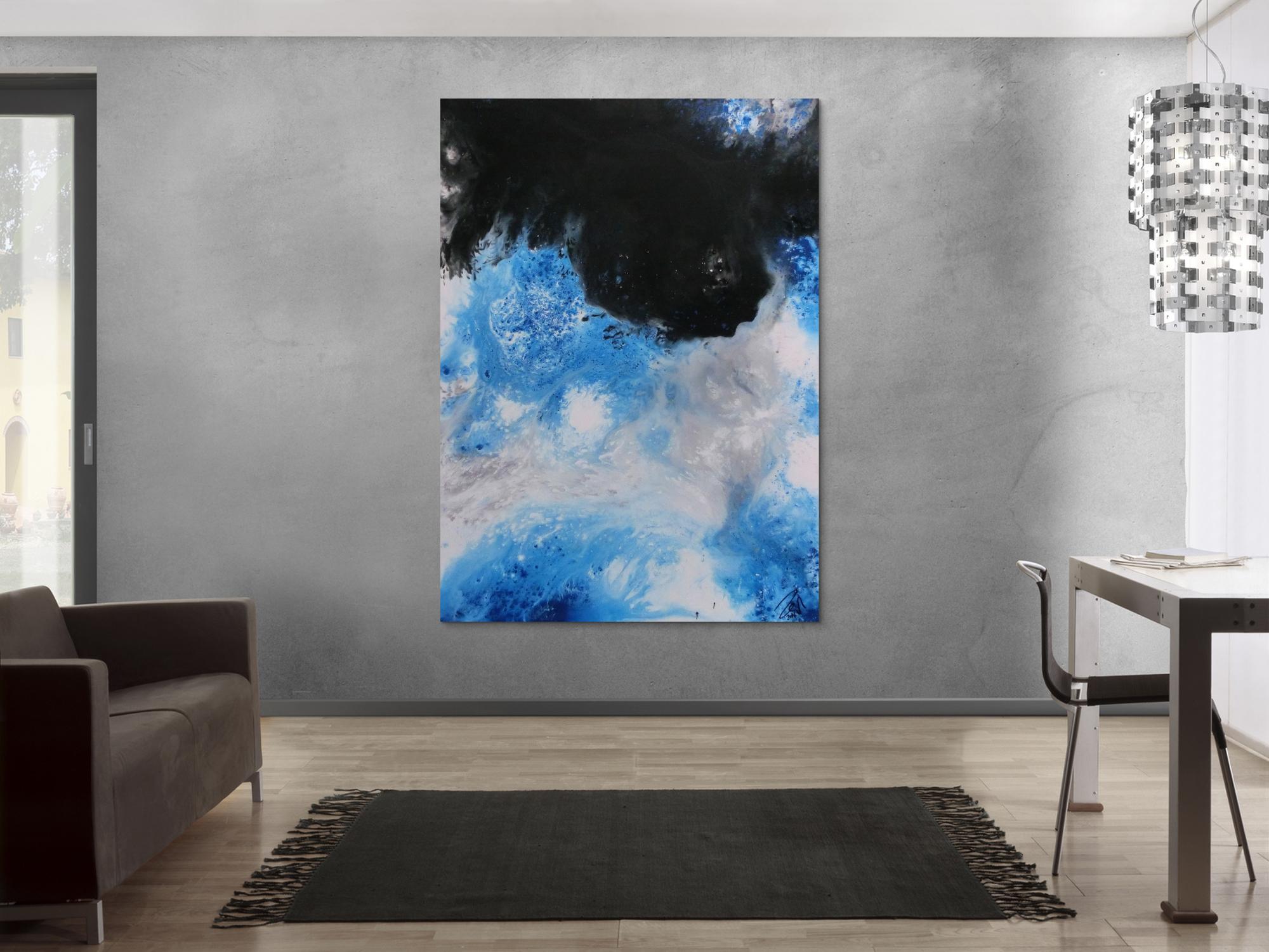 Modernes Acrylbemälde abstrakt weiß schwarz blau grau