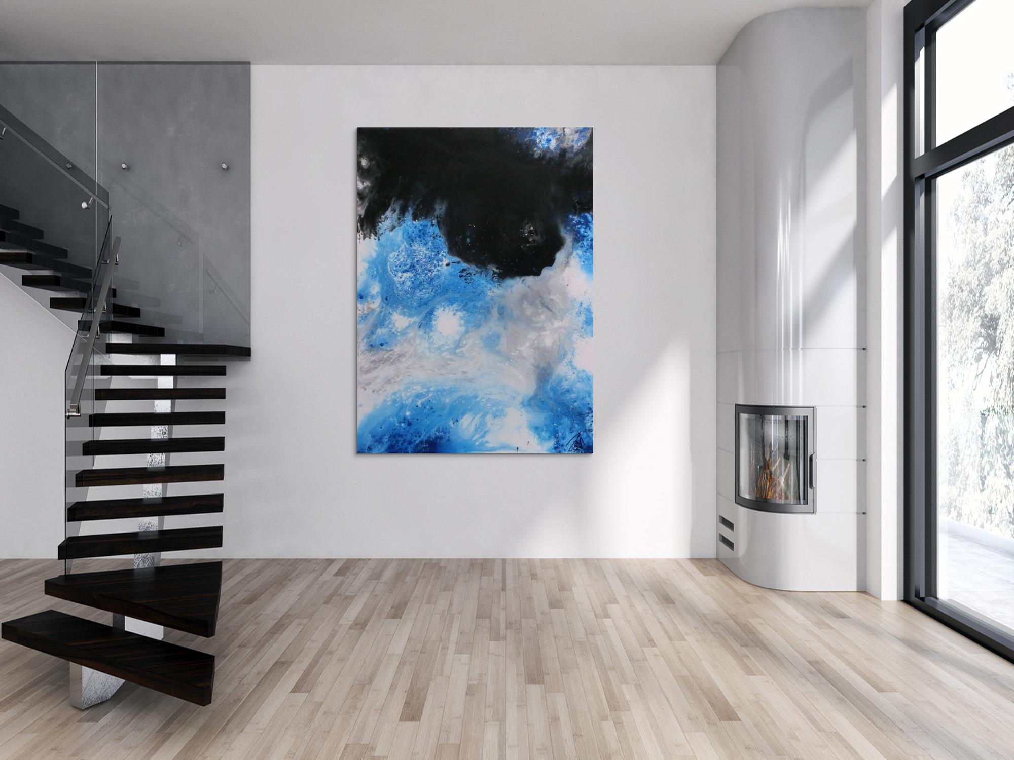 Modernes Acrylbemälde abstrakt weiß schwarz blau grau