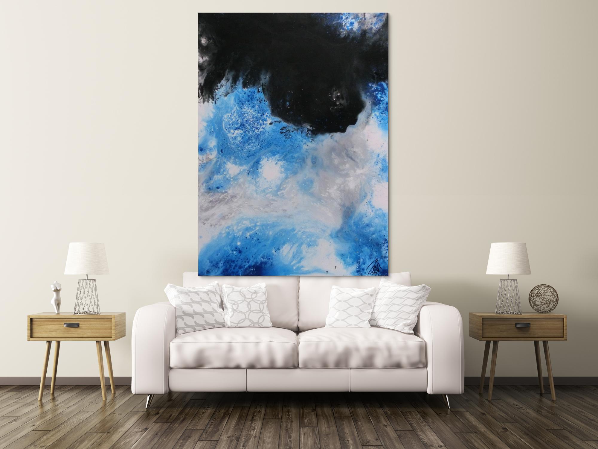 Modernes Acrylbemälde abstrakt weiß schwarz blau grau