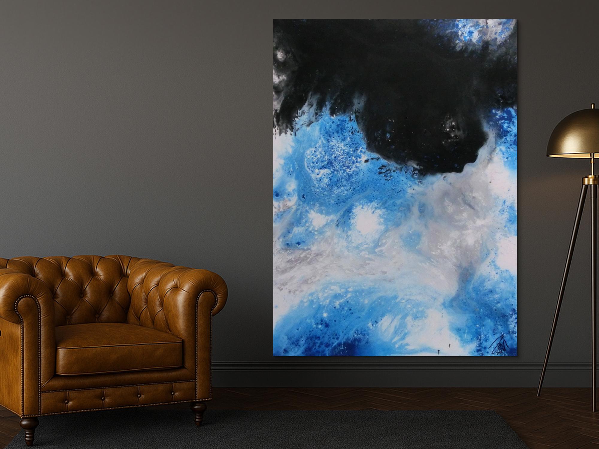 Modernes Acrylbemälde abstrakt weiß schwarz blau grau