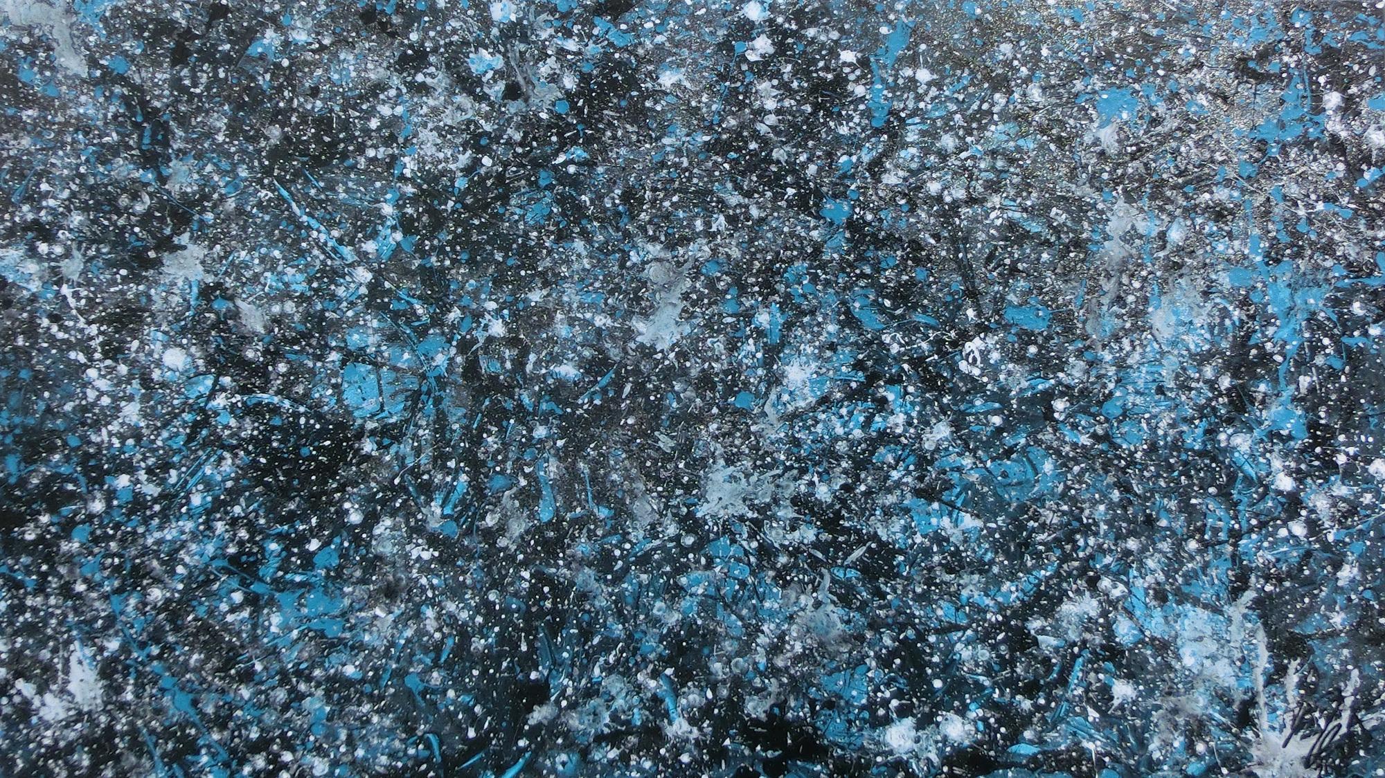 Modernes Gemälde abstraktes Acrylbild blau türkis mit glitzer und silber