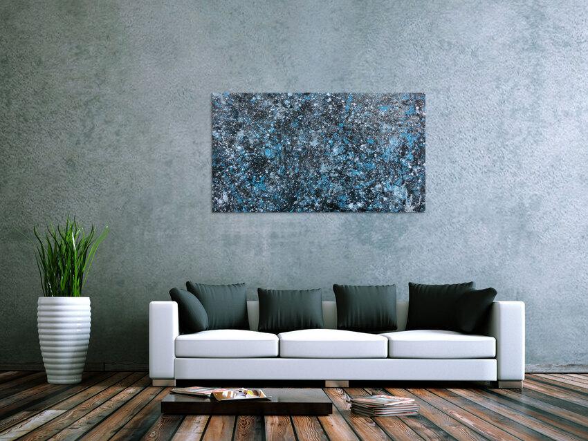 Modernes Gemälde abstraktes Acrylbild blau türkis mit glitzer und silber