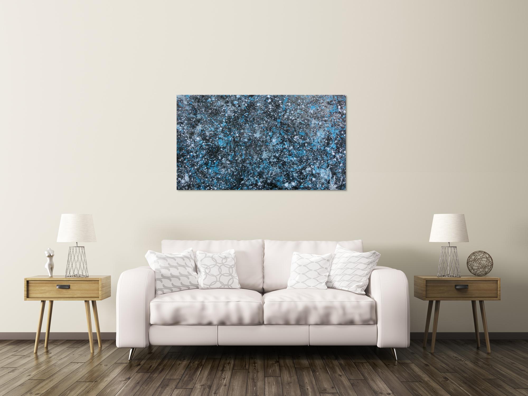 Modernes Gemälde abstraktes Acrylbild blau türkis mit glitzer und silber